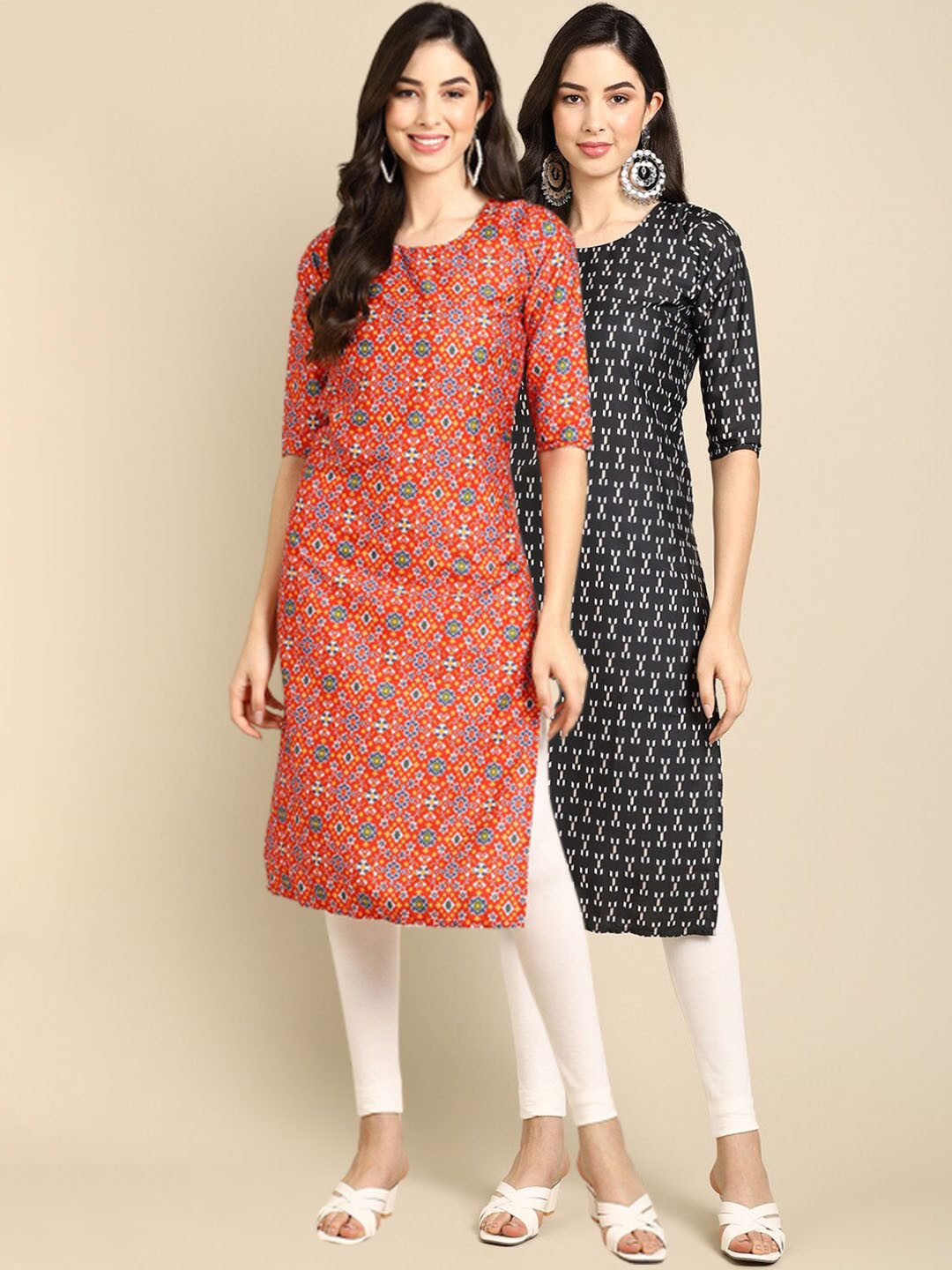 

Ethnic basket Women Pack of 2 Orange & Black Printed Crepe Straight Kurtas