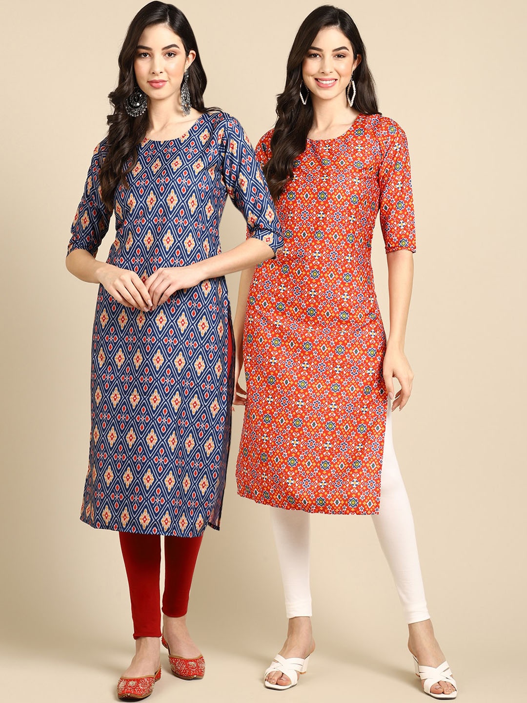 

Ethnic basket Women Multicoloured Geometric Printed Keyhole Neck Block Print Crepe Kurta, Multi