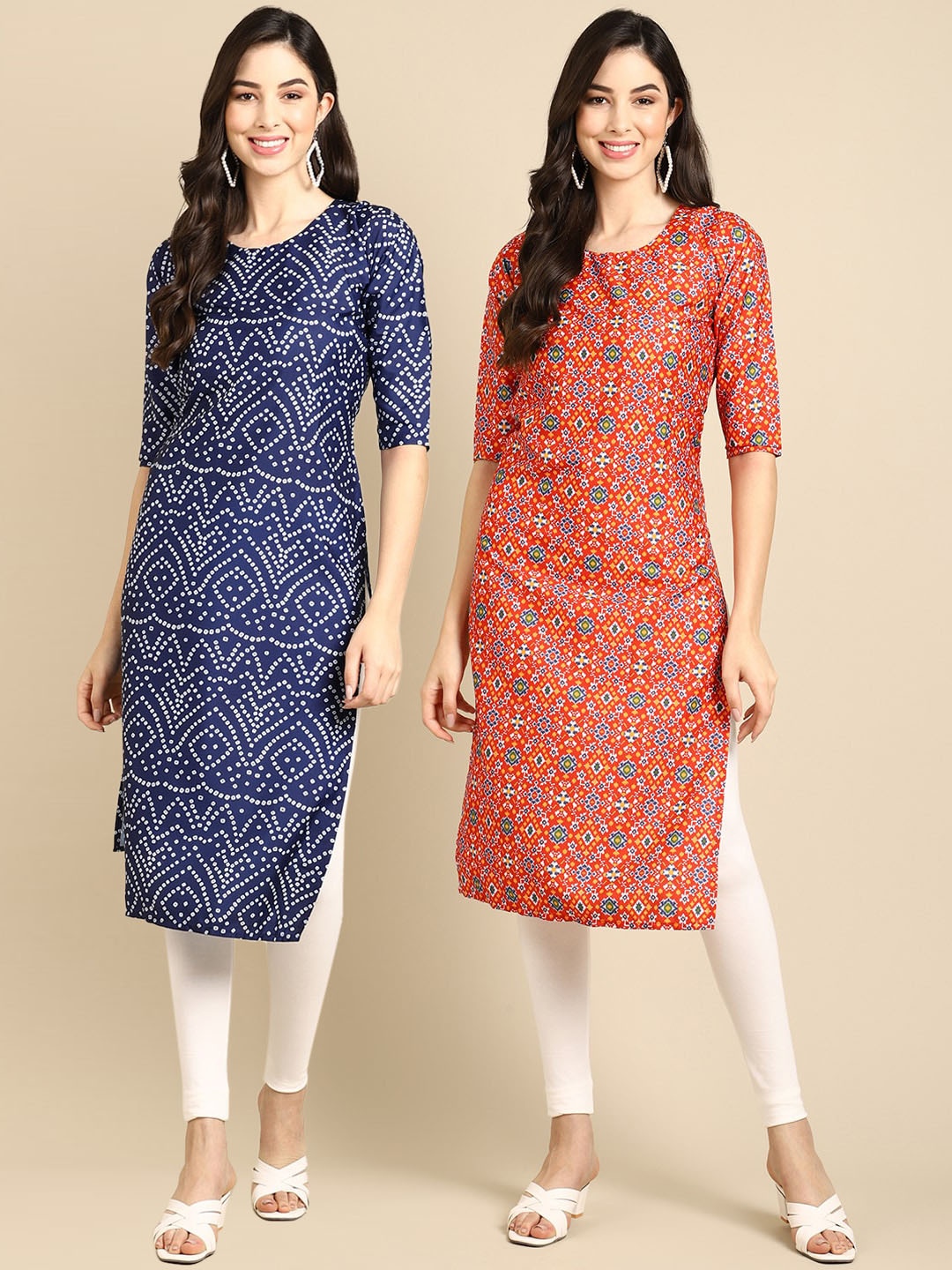 

Ethnic basket Women Pack of 2 Blue & Orange Printed Crepe Straight Kurtas