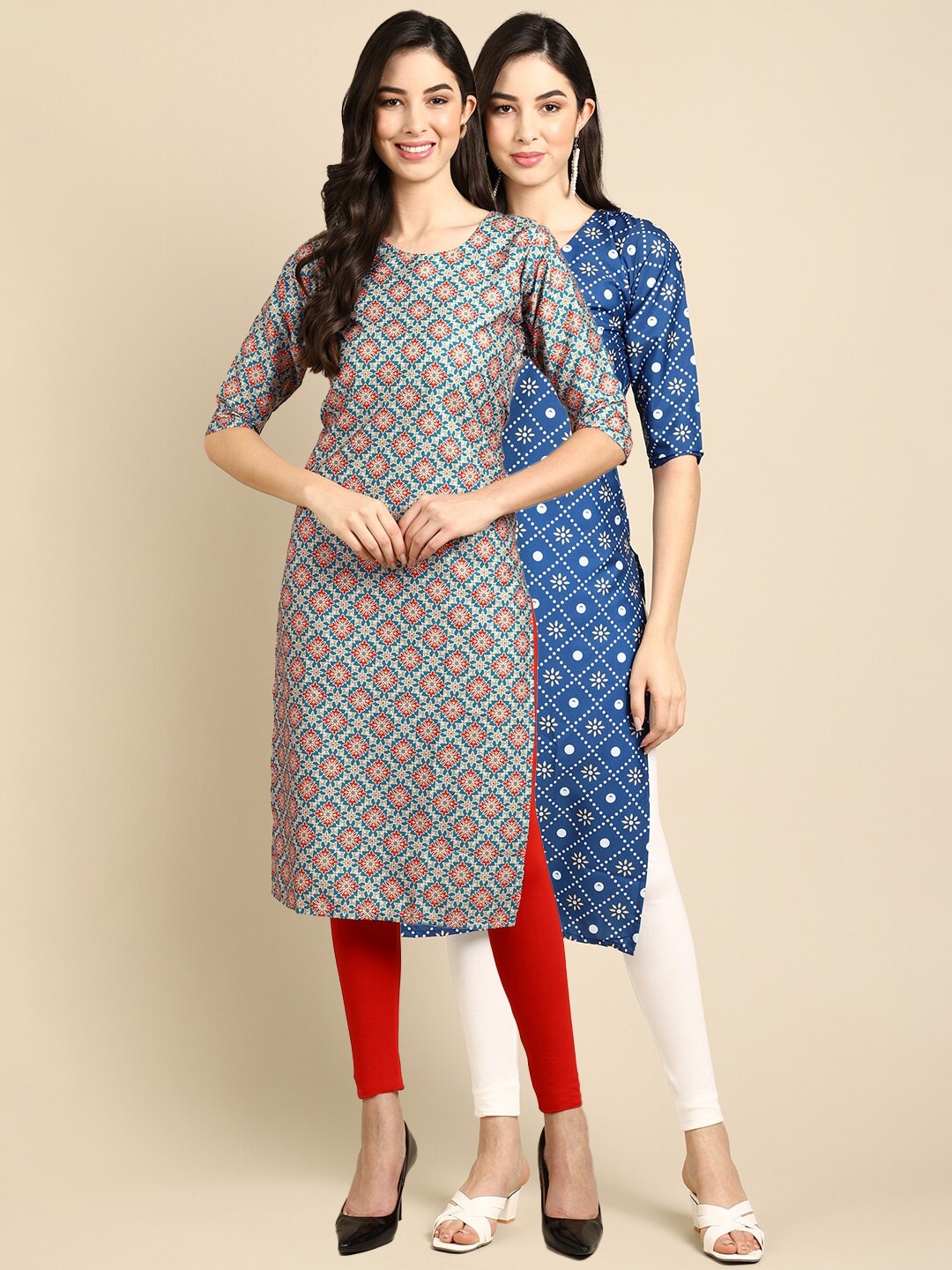

Ethnic basket Women Blue & Grey Pack of 2 Printed Crepe Straight Kurtas