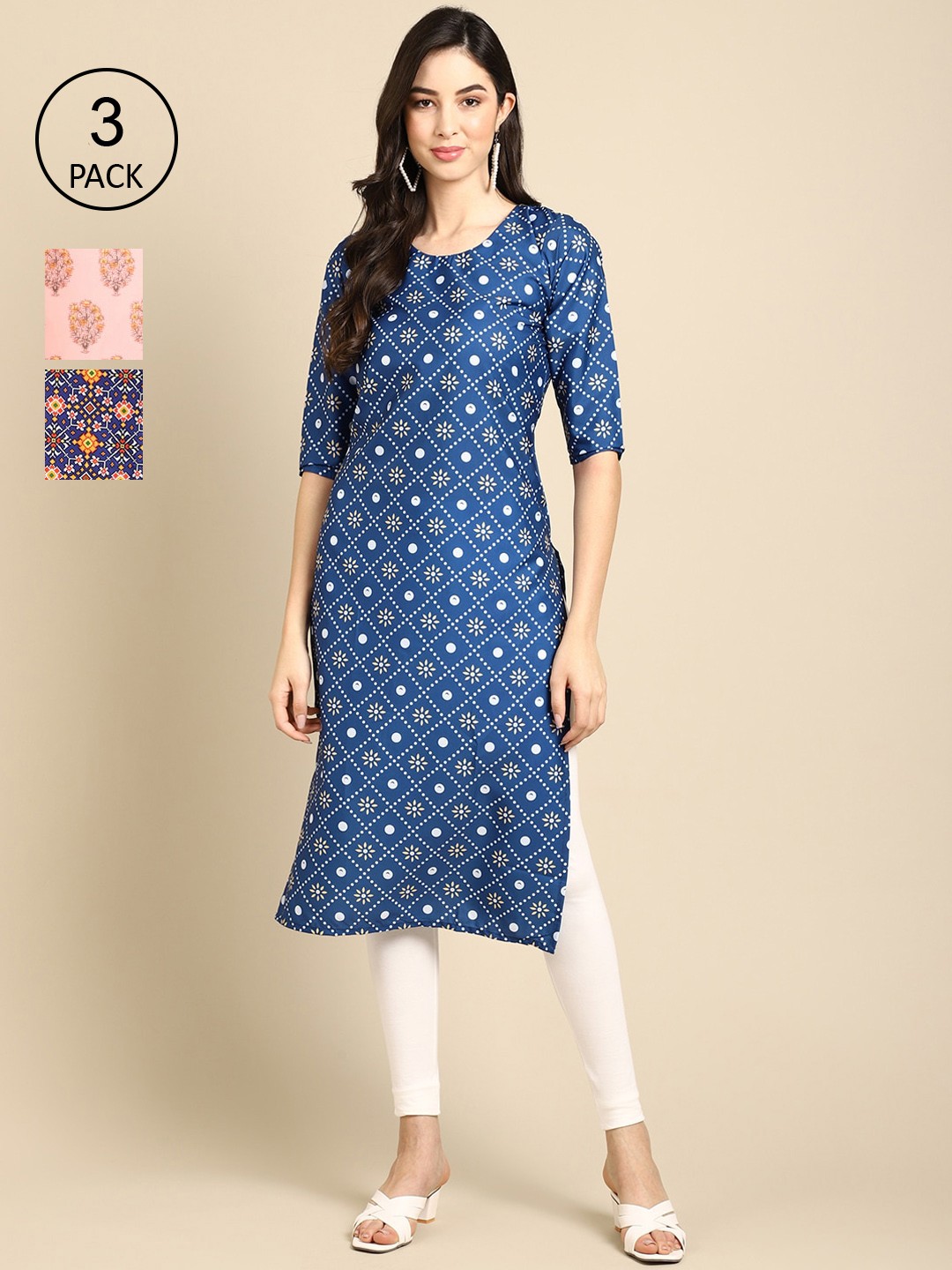 

Ethnic basket Women Blue & Pink Pack of 2 Printed Crepe Straight Kurta