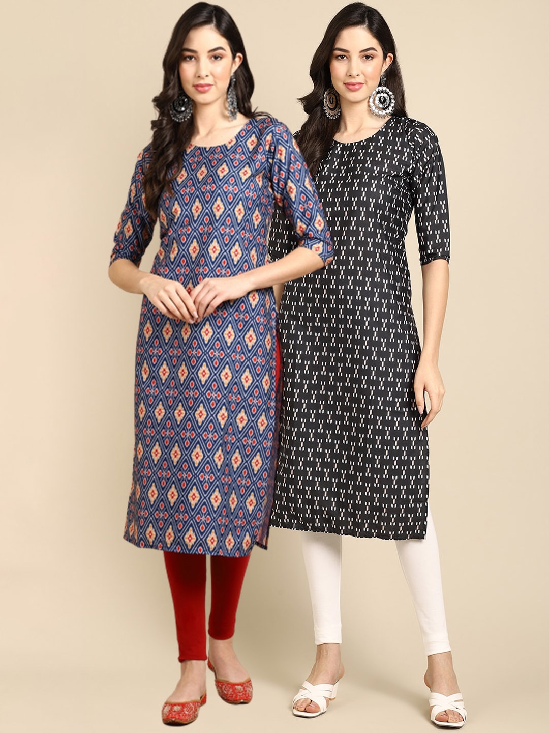 

Ethnic basket Women Blue & Black Pack of 2 Printed Crepe Straight Kurtas