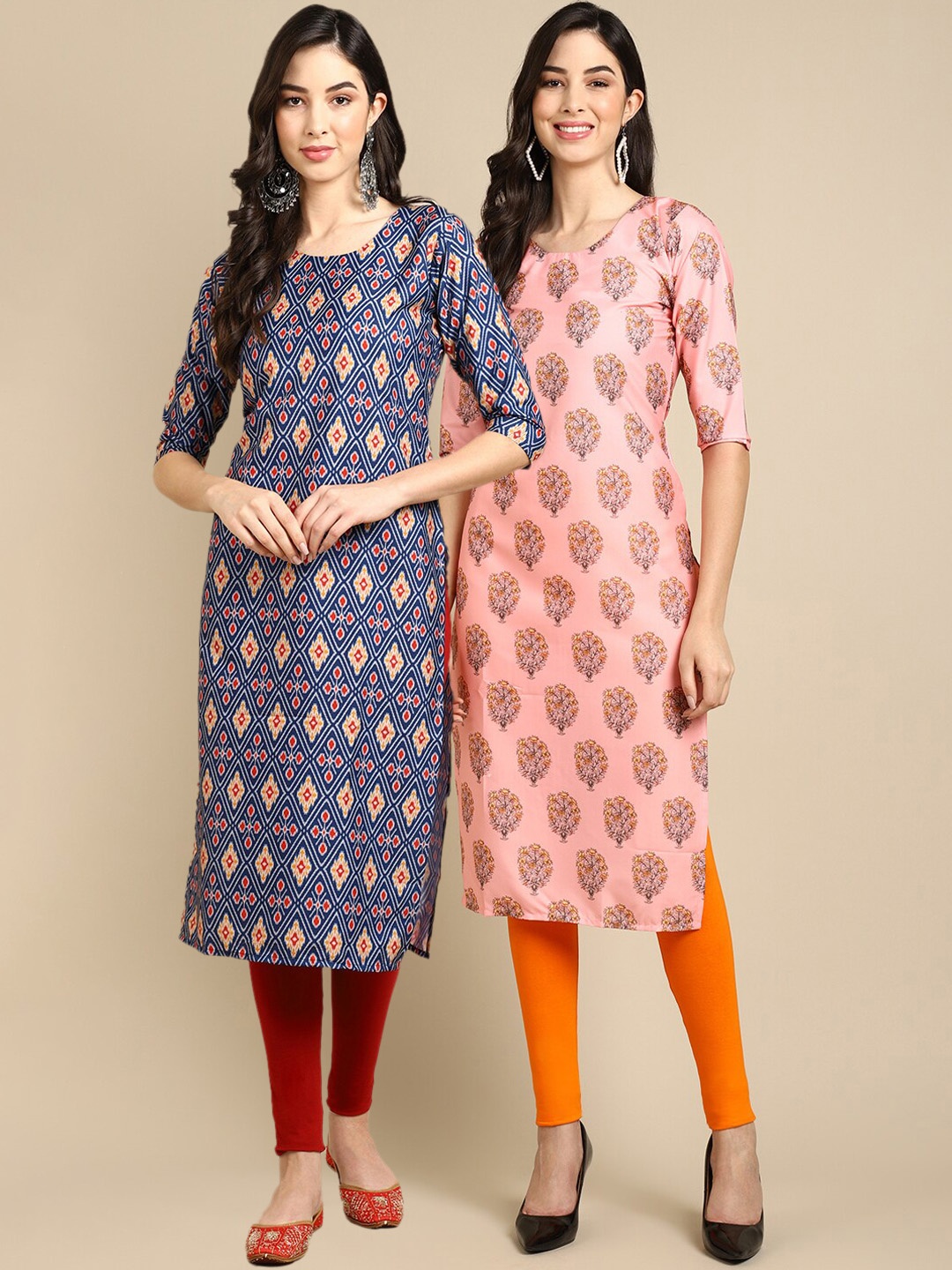 

Ethnic basket Women Pink & Blue Pack Of 2 Floral Printed Crepe Kurta