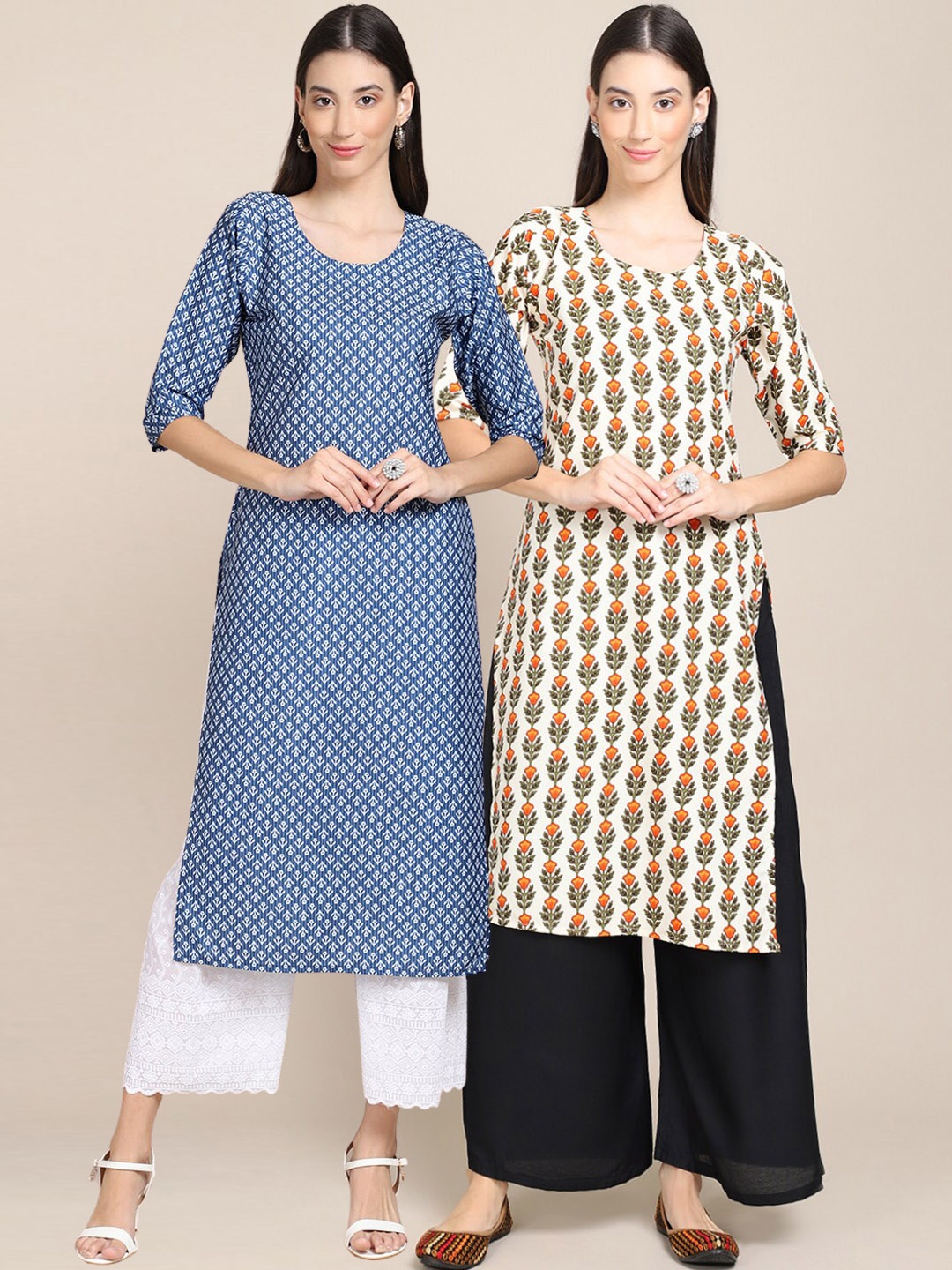 

Ethnic basket Women Blue & Cream-Coloured Pack Of 2 Ethnic Motifs Printed Crepe Kurta