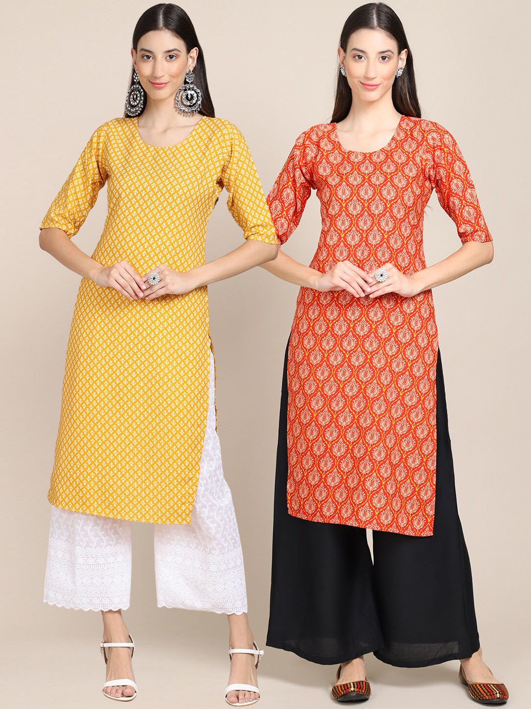 

Ethnic basket Women Yellow & Coral Pack of 2 Ethnic Motifs Printed Crepe Kurta