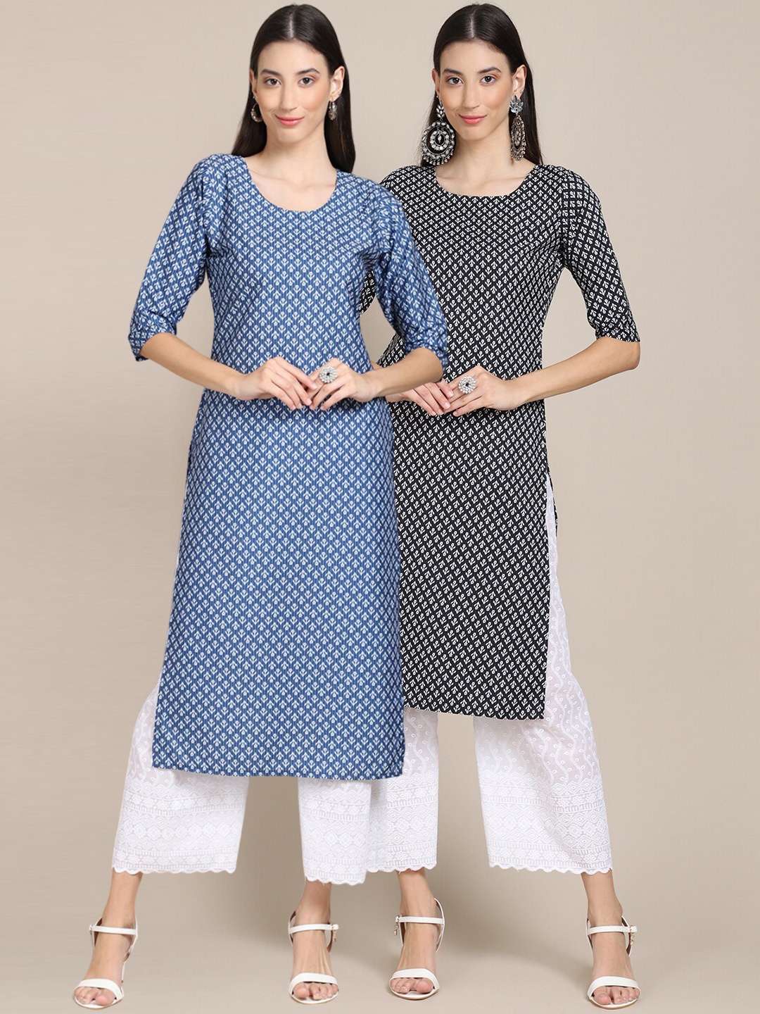 

Ethnic basket Women Blue & Black Pack of 2 Printed Crepe Kurtas