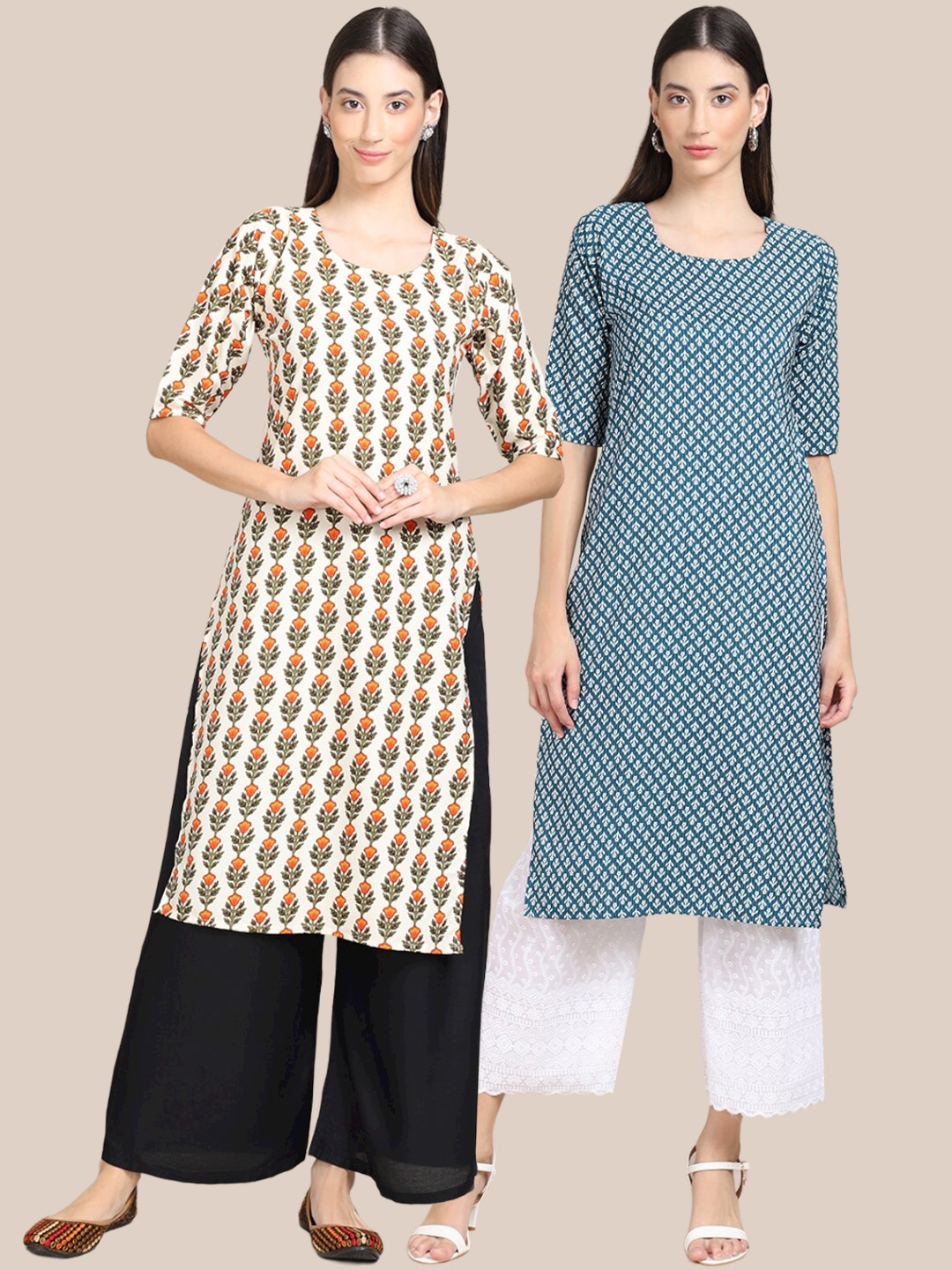 

Ethnic basket Women Turquoise Blue & Beige Pack of 2 Striped Crepe Kurta