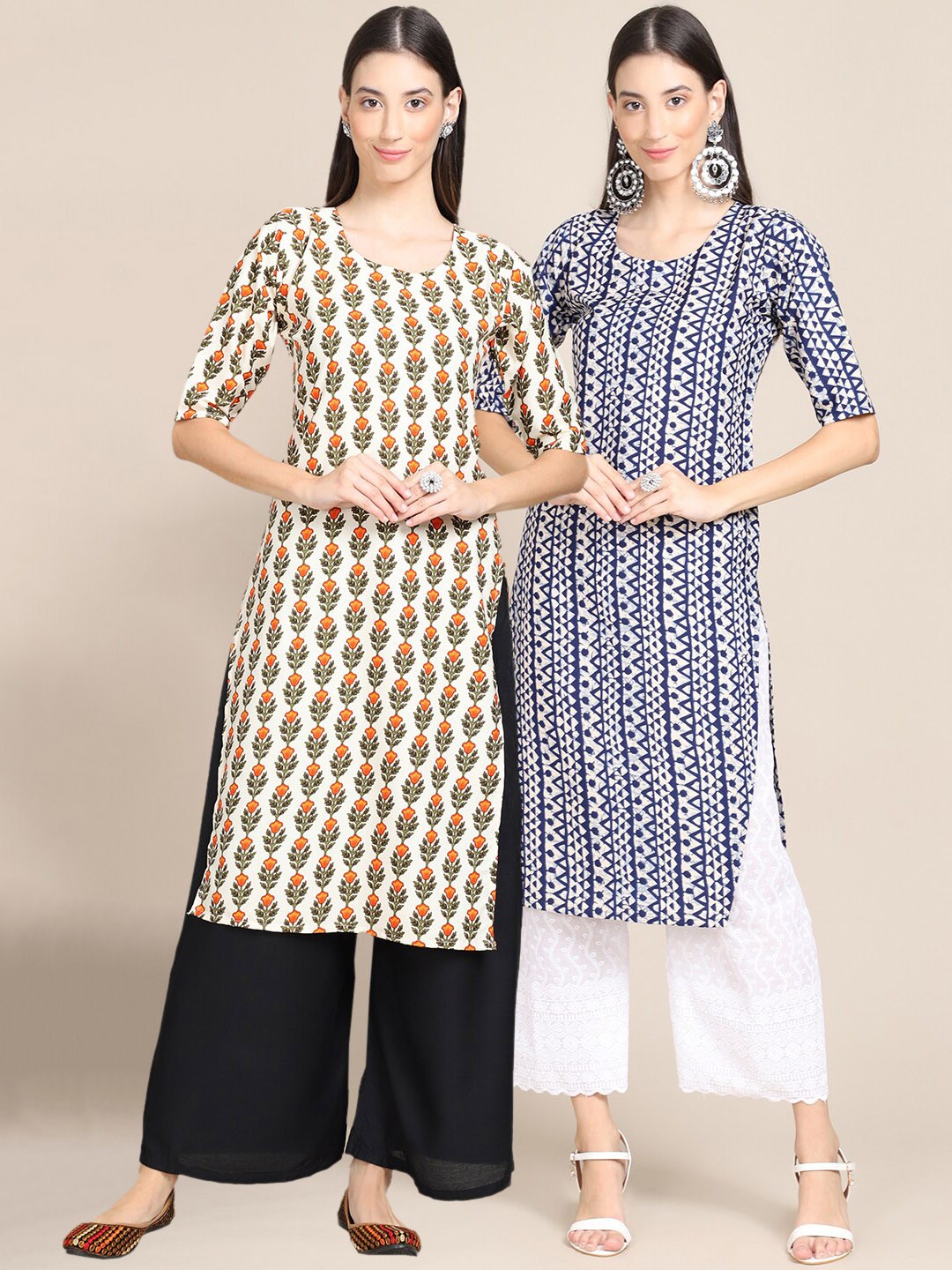 

Ethnic basket Women Beige & Blue Pack of 2 Printed Crepe Kurtas