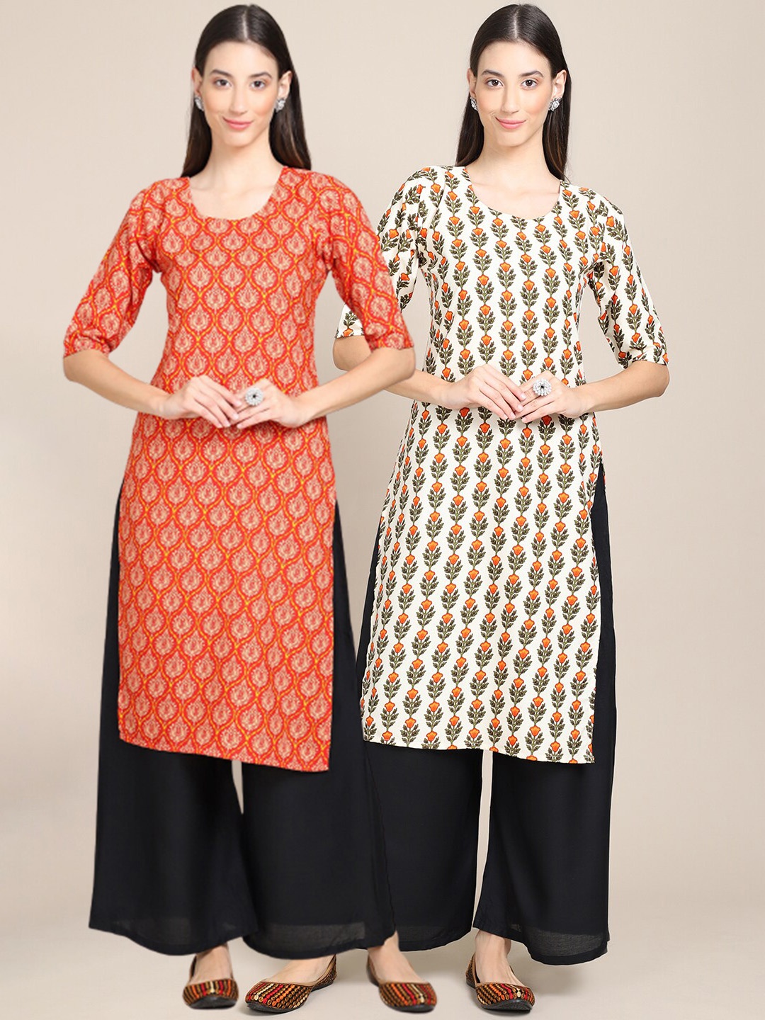 

Ethnic basket Women Coral & Beige Pack of 2 Printed Crepe Kurtas