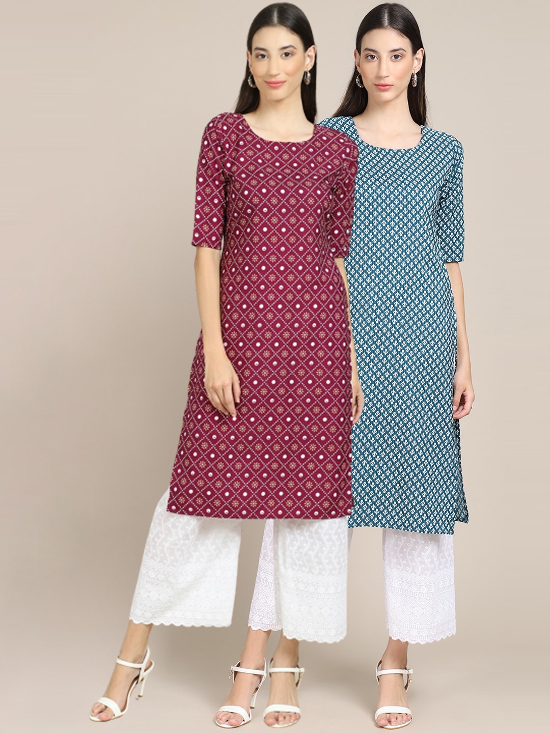 Ethnic basket Women Pack of 2 Magenta & Blue Ethnic Motifs Printed Crepe Kurtas