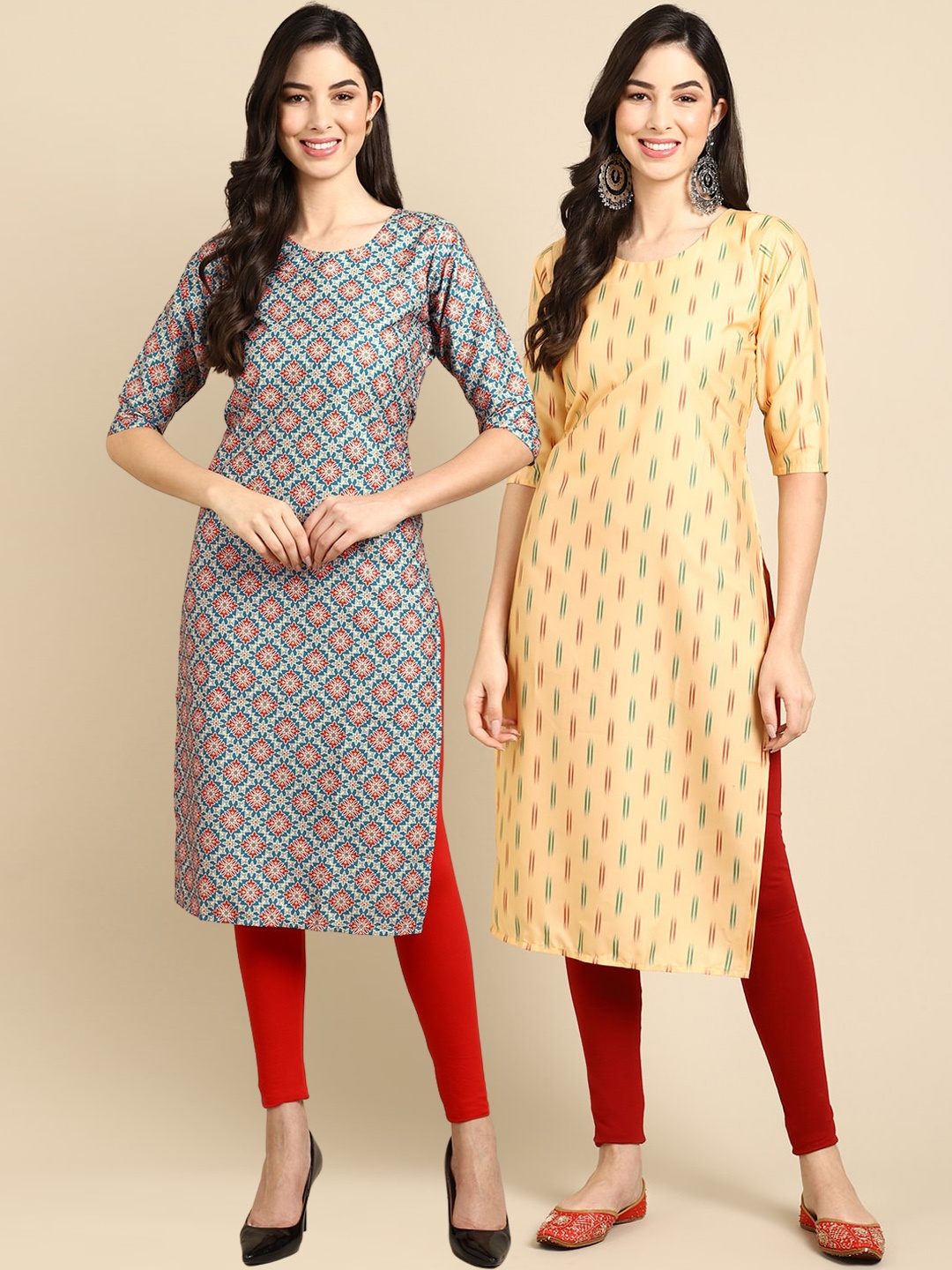 Ethnic basket Women Pack of 2 Beige & Yellow Ethnic Motifs Printed Crepe Kurtas