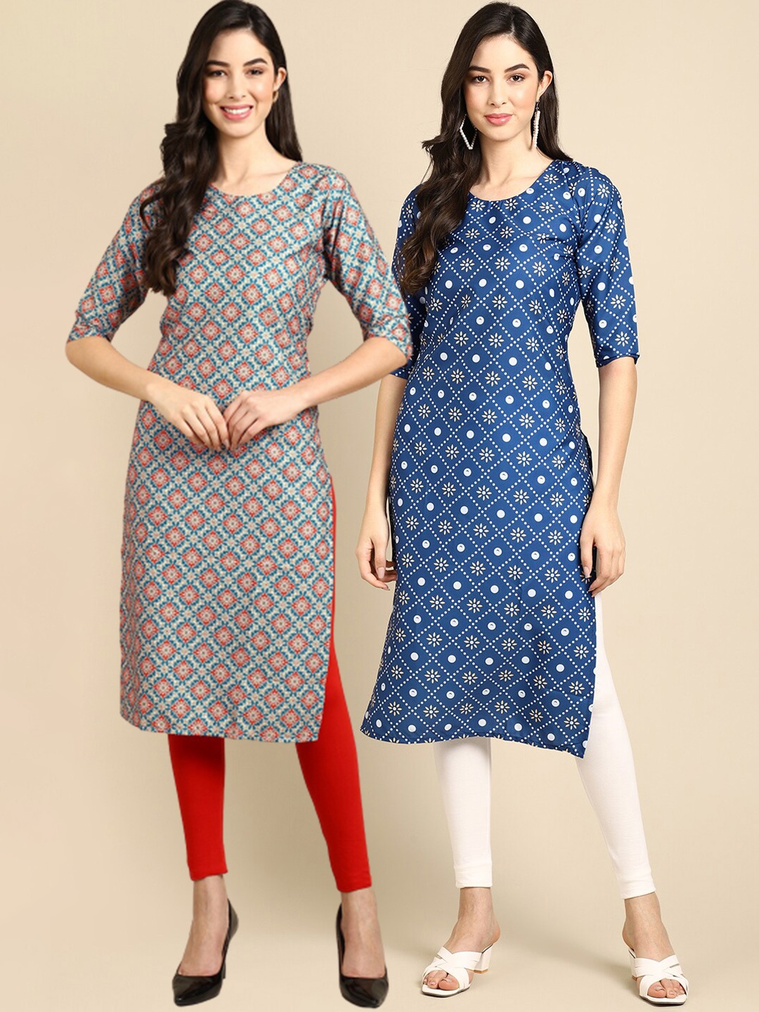 

Ethnic basket Women Pack of 2 Beige & Blue Ethnic Motifs Printed Crepe Kurtas