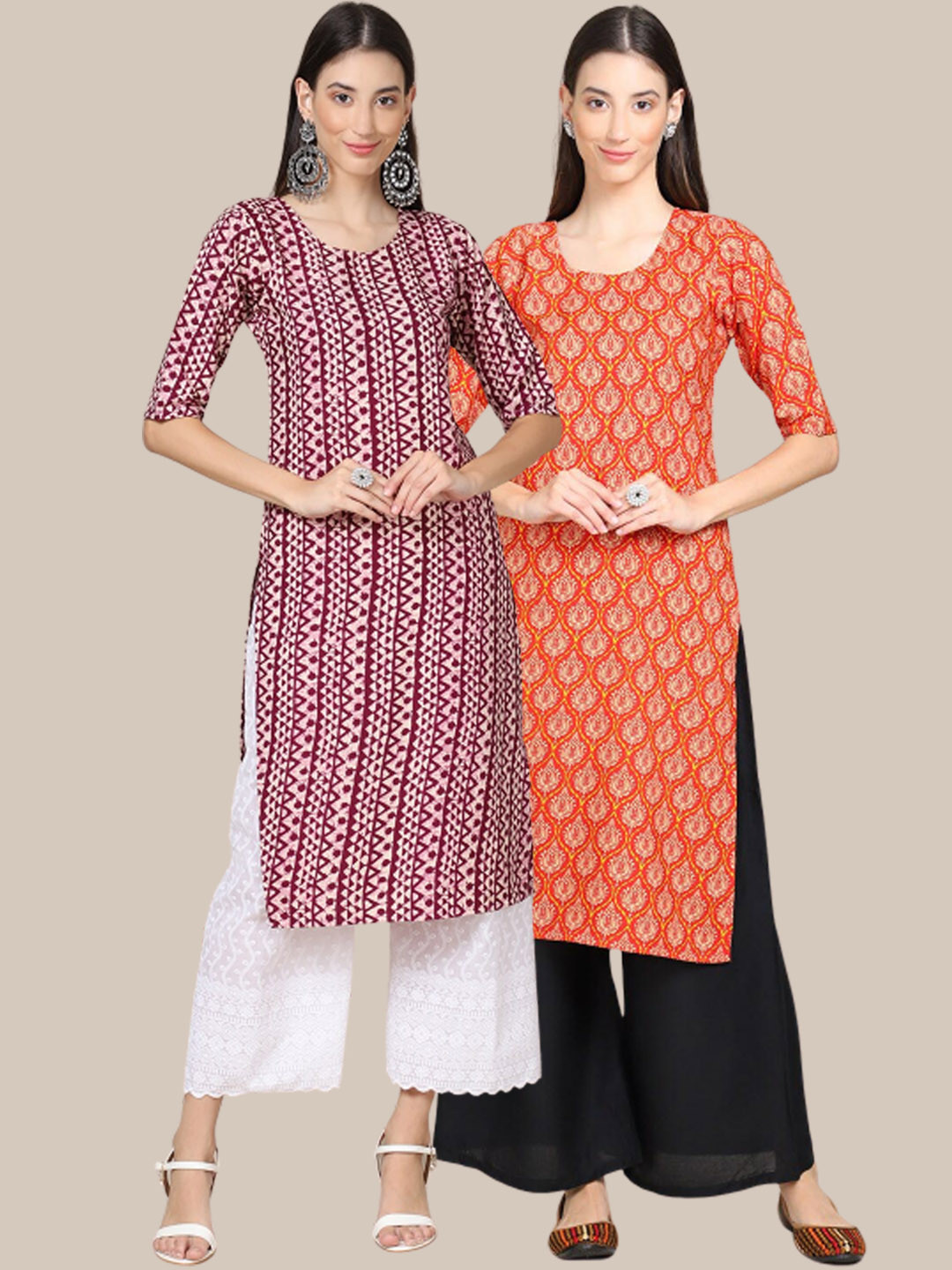 

Ethnic basket Women Pack of 2 Maroon & Orange Ethnic Motifs Printed Crepe Kurtas