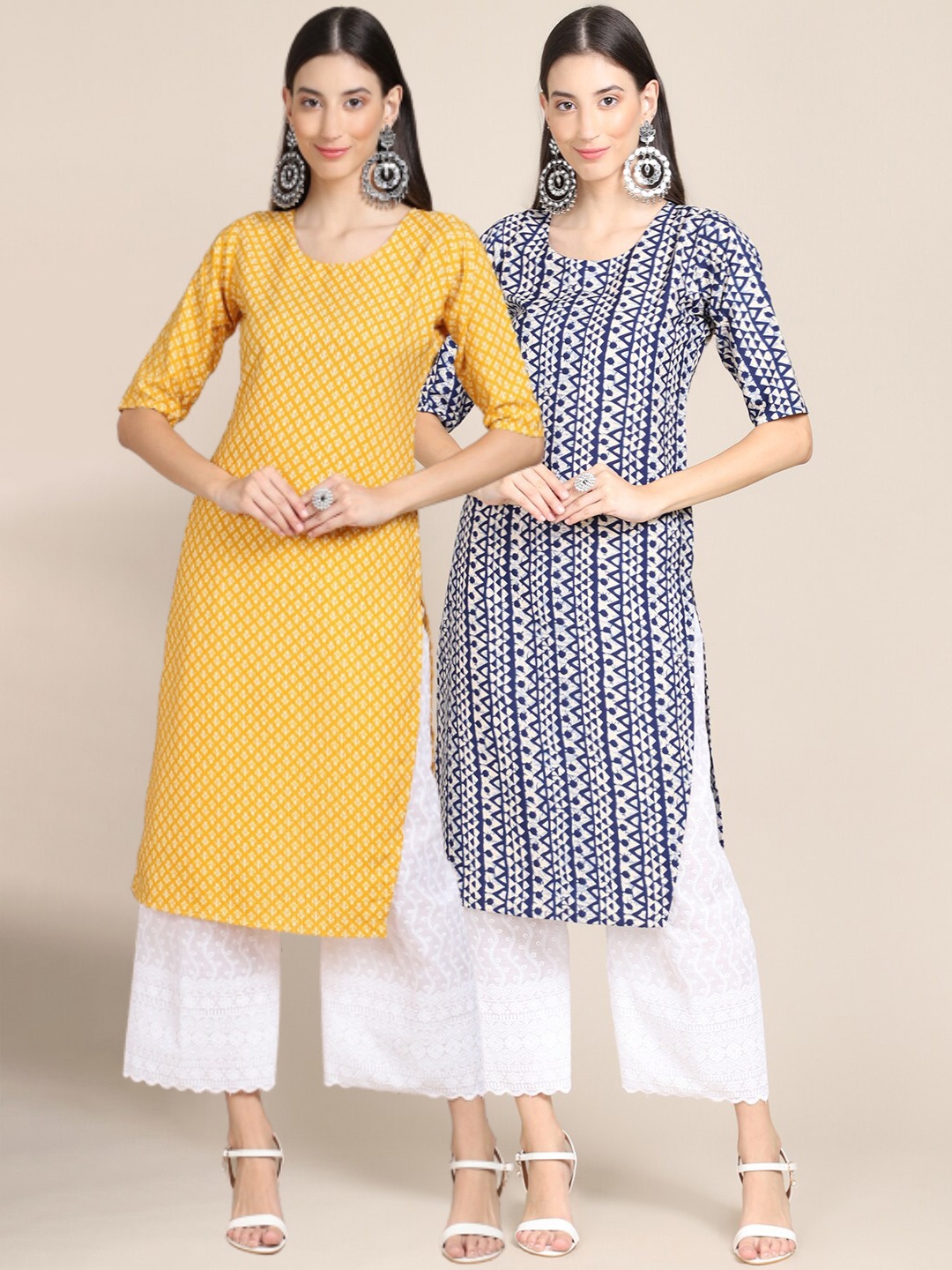 

Ethnic basket Women Pack of 2 Yellow & Blue Printed Crepe Kurtas