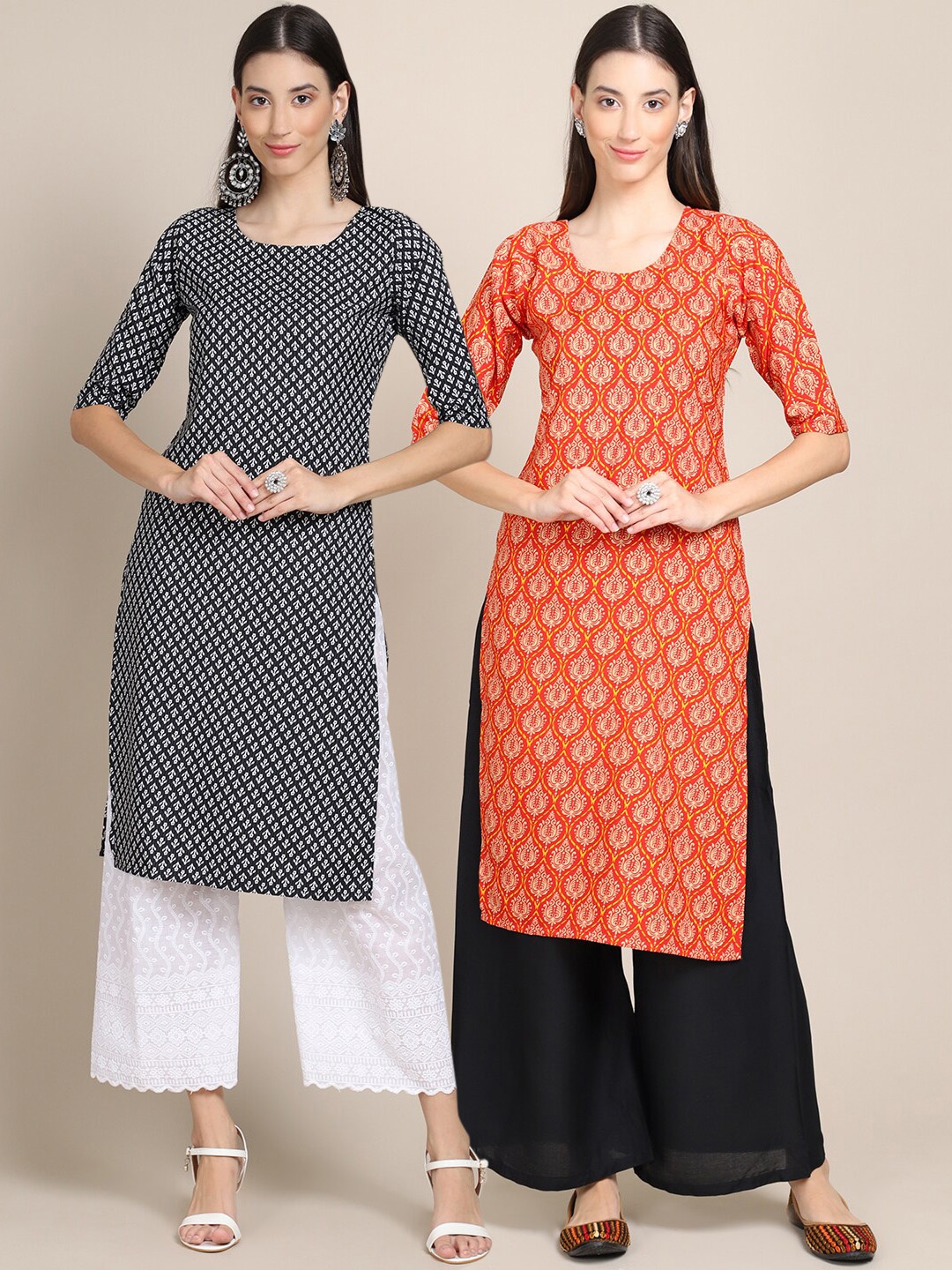 Ethnic basket Women Pack Of 2 Black & Orange Geometric Printed Crepe Kurta