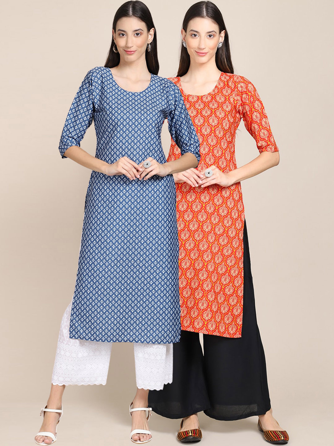 

Ethnic basket Women Pack Of 2 Blue & Orange Geometric Printed Crepe Kurta