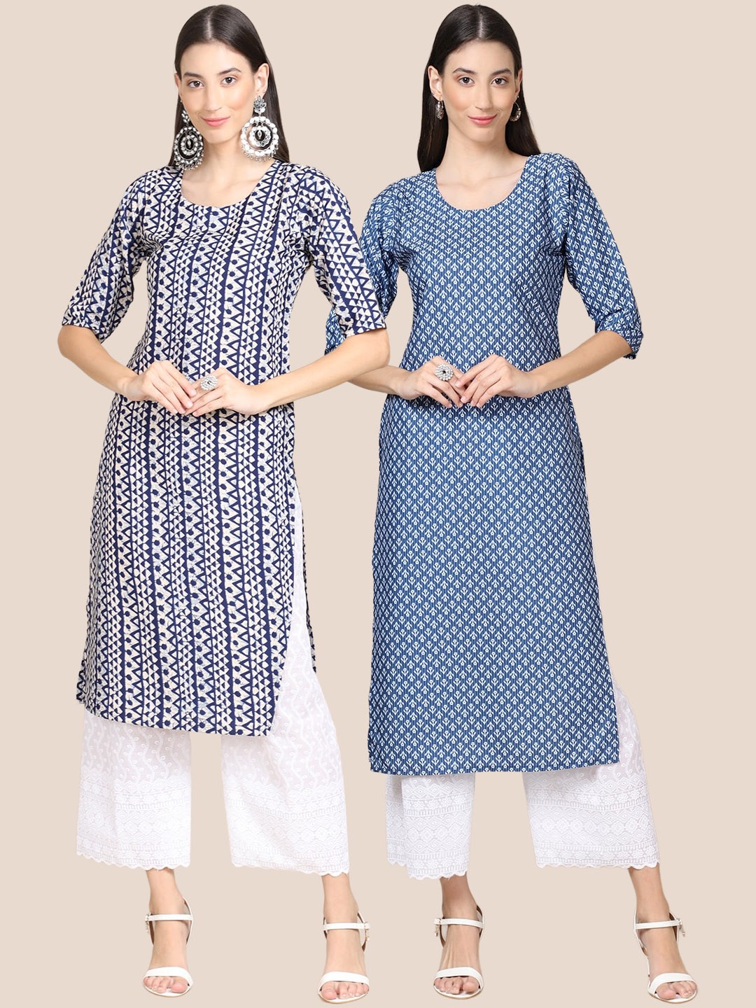Ethnic basket Women Pack Of 2 Navy Blue & White Geometric Printed Crepe Kurta