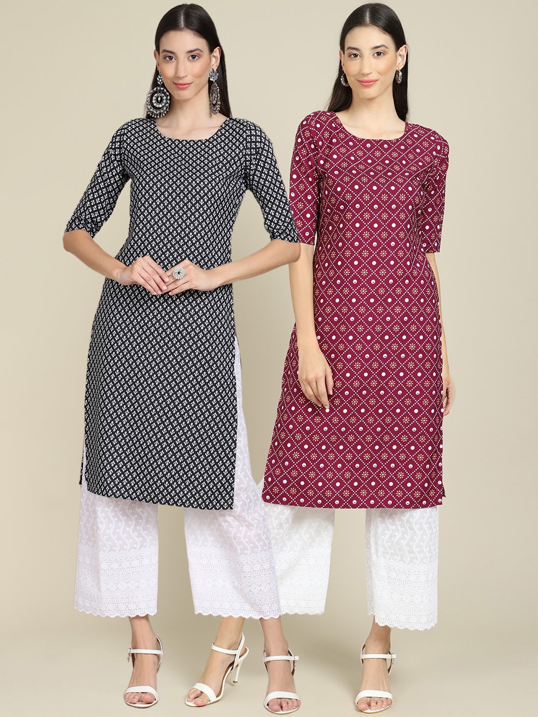 

Ethnic basket Women Pack Of 2 Black & Maroon Geometric Printed Crepe Kurta