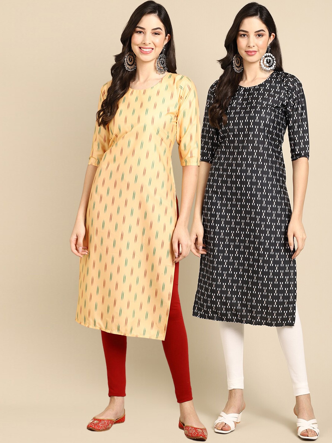

Ethnic basket Women Pack Of 2 Cream-Coloured & Black Geometric Printed Crepe Kurta
