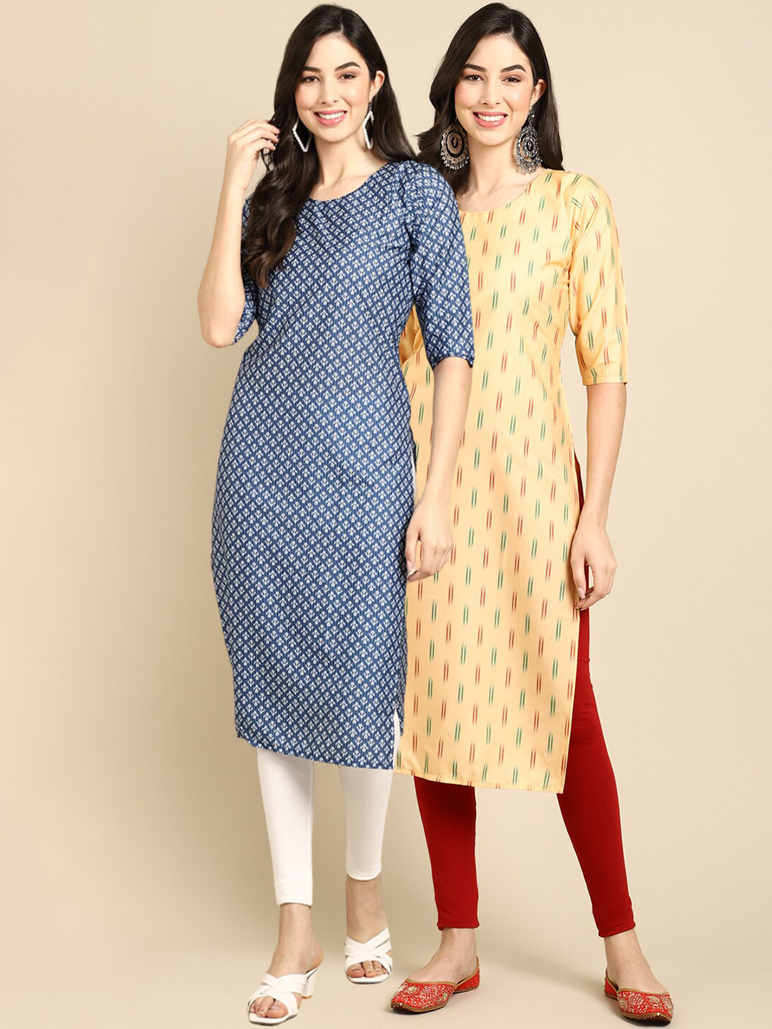 

Ethnic basket Women Blue & Yellow Floral Printed Crepe Kurta