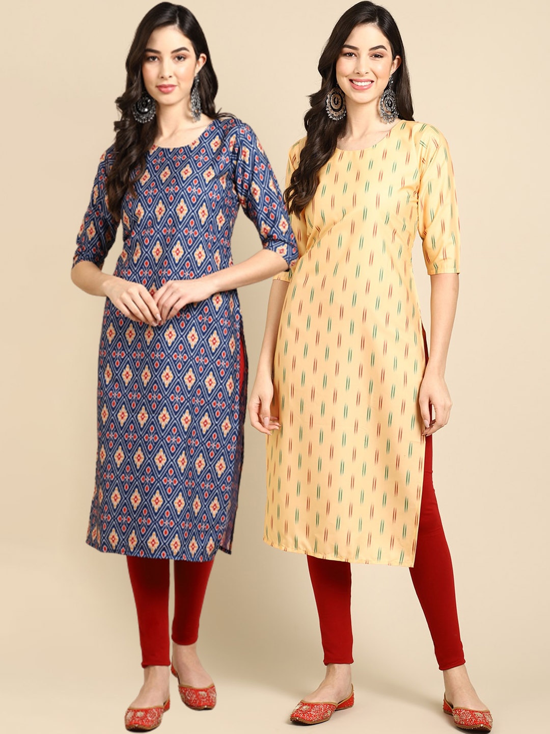 Ethnic basket Women Blue & Yellow Floral Printed Crepe Kurta