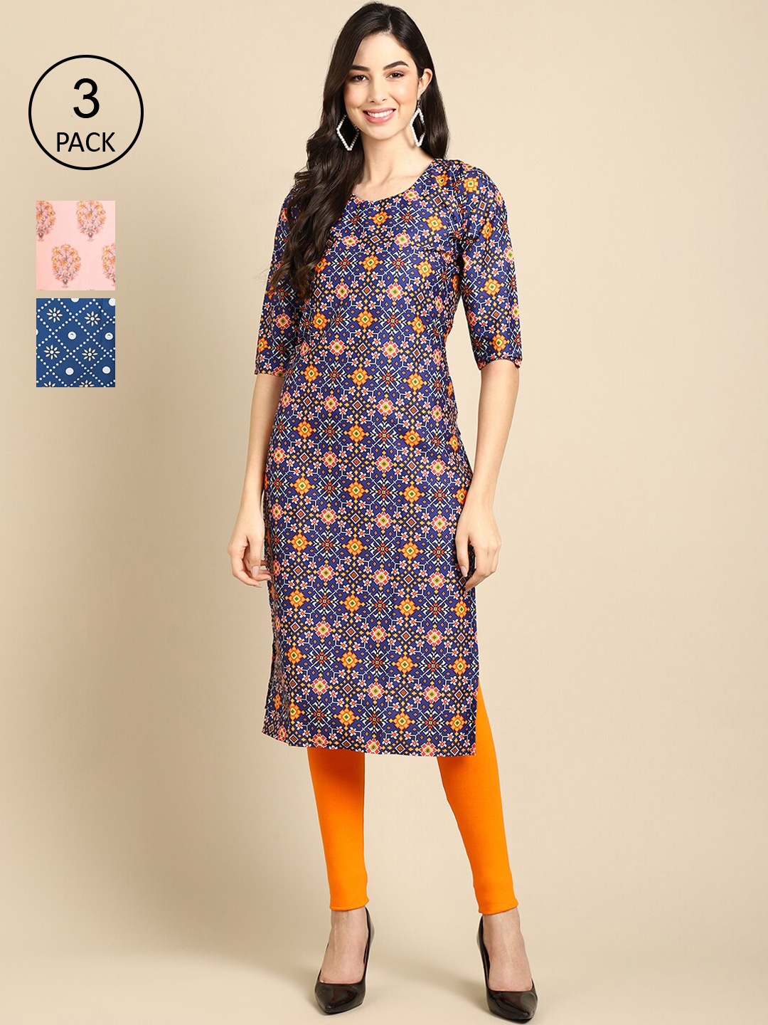 

Ethnic basket Women Blue & White Pack Of 3 Geometric Printed Crepe Kurta