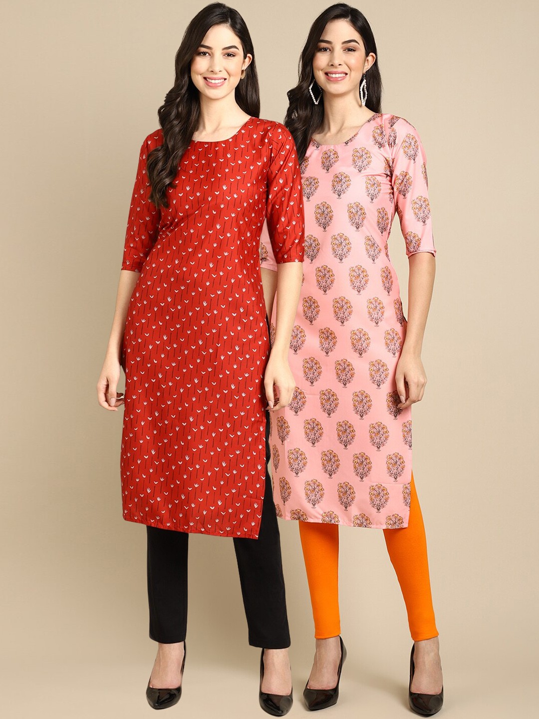 

Ethnic basket Women Red & Pink Pack Of 2 Floral Printed Crepe Kurta