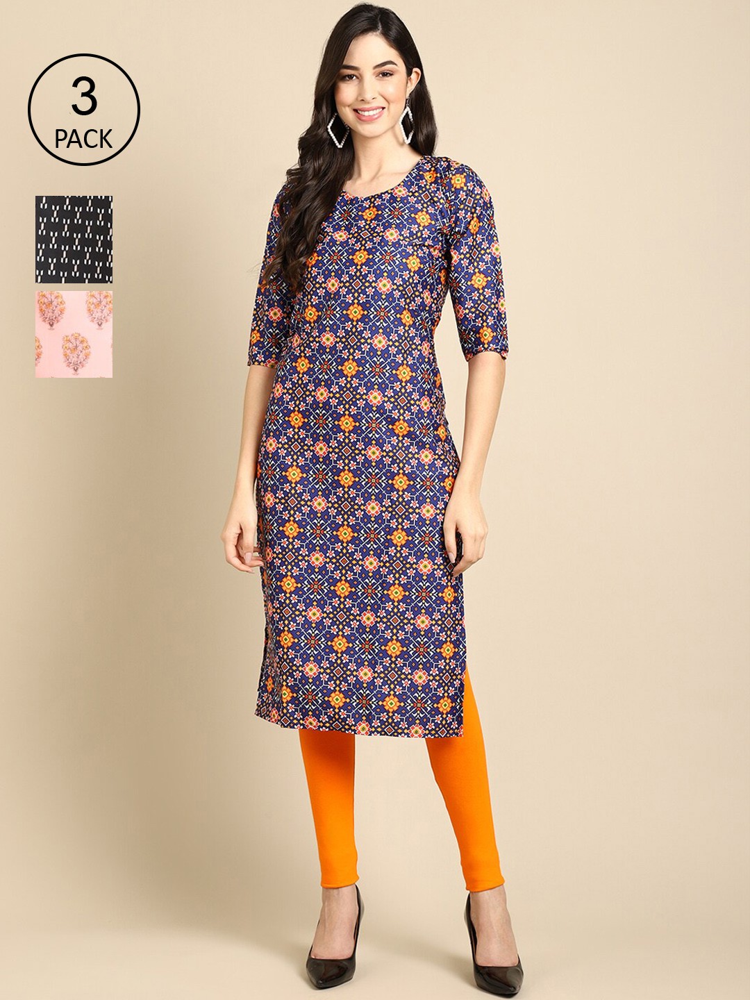 

Ethnic basket Women Blue & Black Pack Of 3 Geometric Printed Crepe Kurta