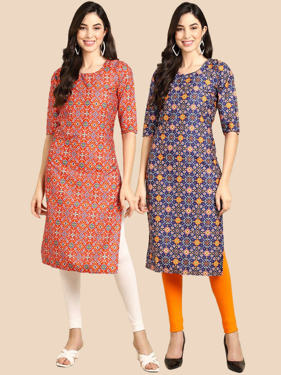 

Ethnic basket Women Orange & Blue Pack Of 2 Geometric Printed Crepe Kurta