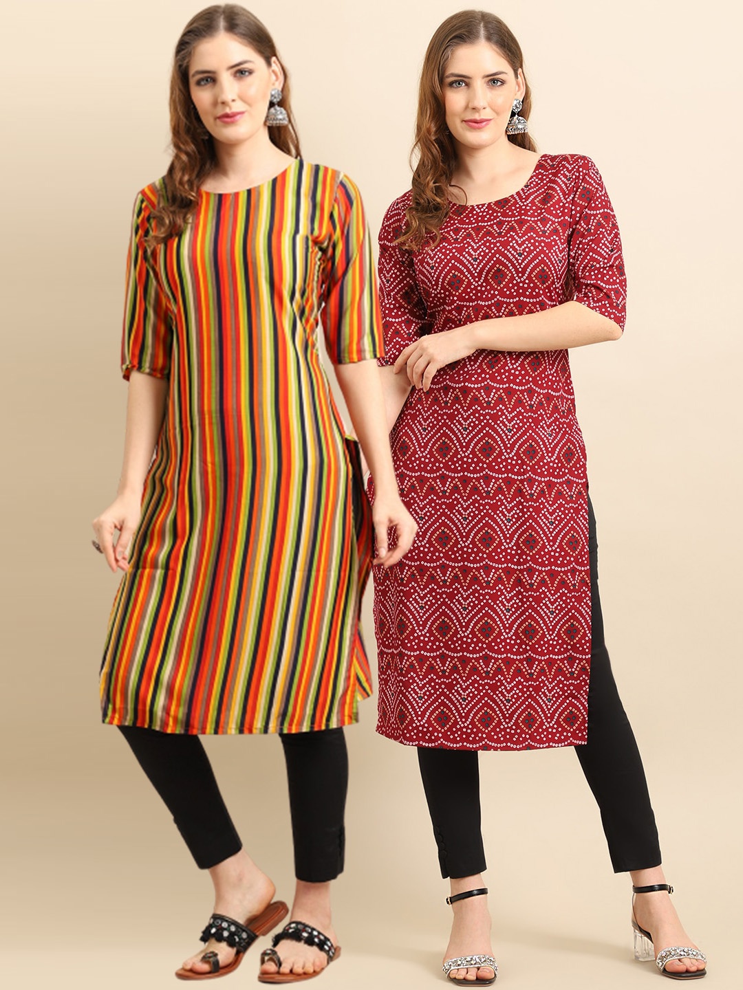 

Ethnic basket Women Pack Of 2 Red & Orange Striped Crepe Kurtas