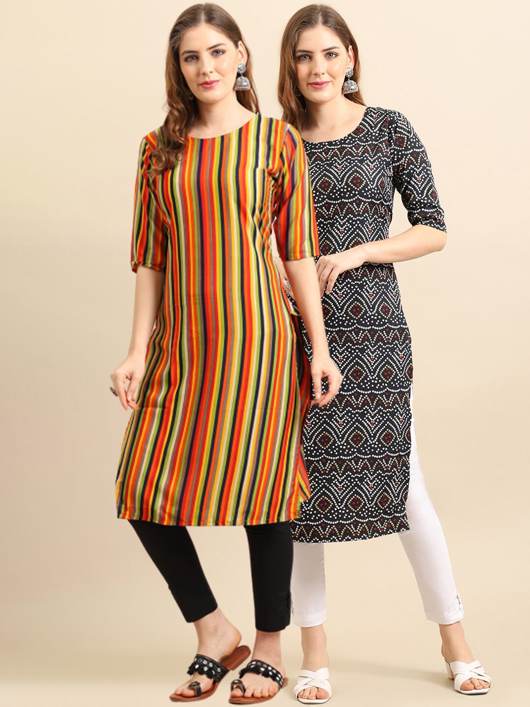 

Ethnic basket Women Pack Of 2 Black & Orange Striped Crepe Kurtas