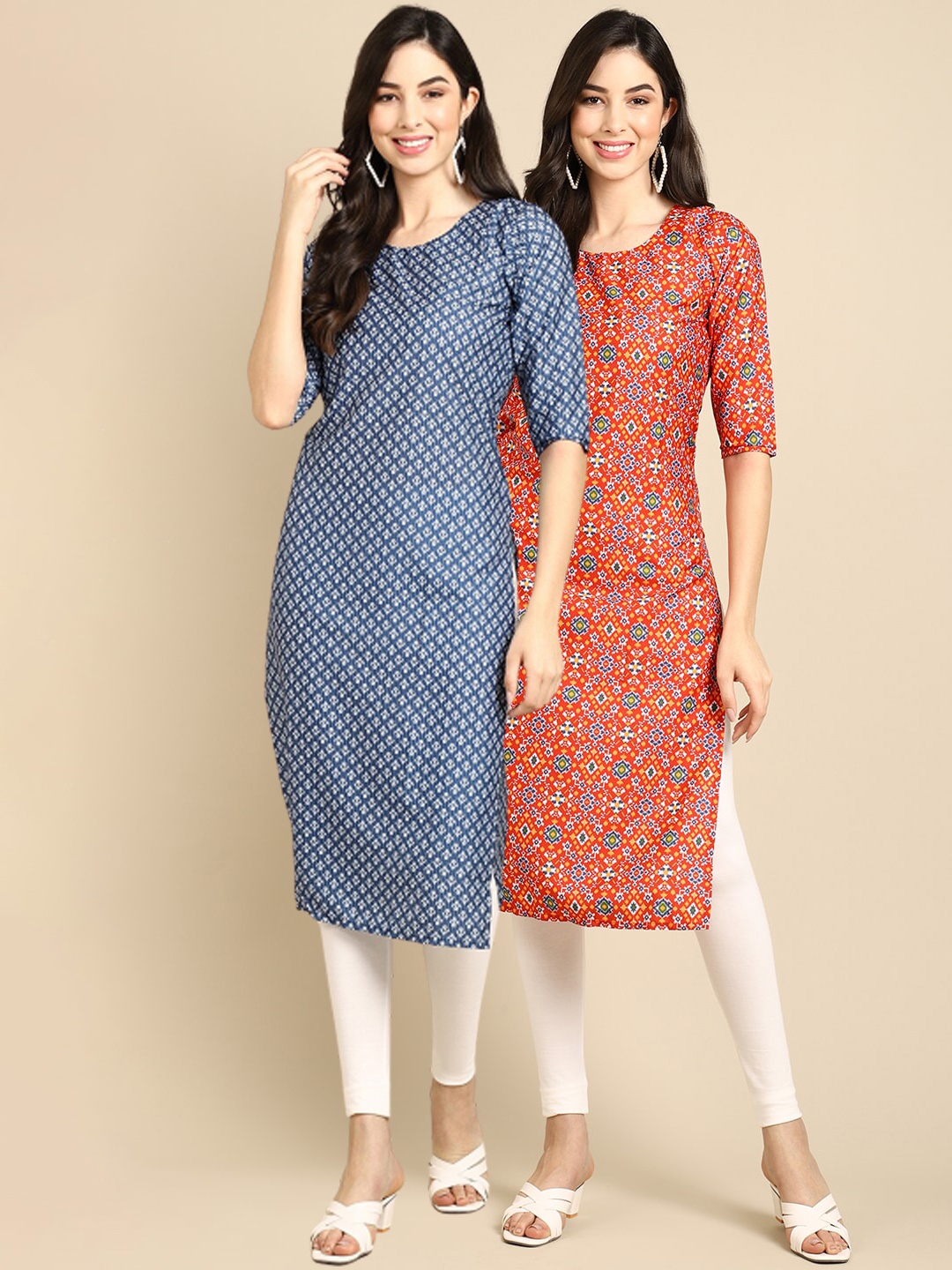 

Ethnic basket Women Pack Of 2 Blue & Orange Printed Crepe Kurtas
