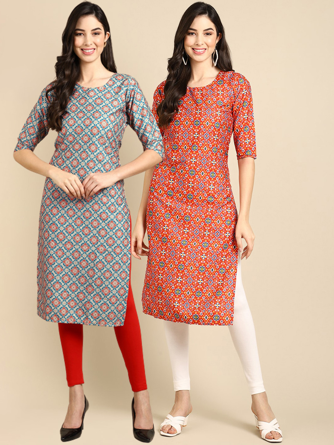 

Ethnic basket Women Pack Of 2 Blue & Orange Printed Crepe Kurtas