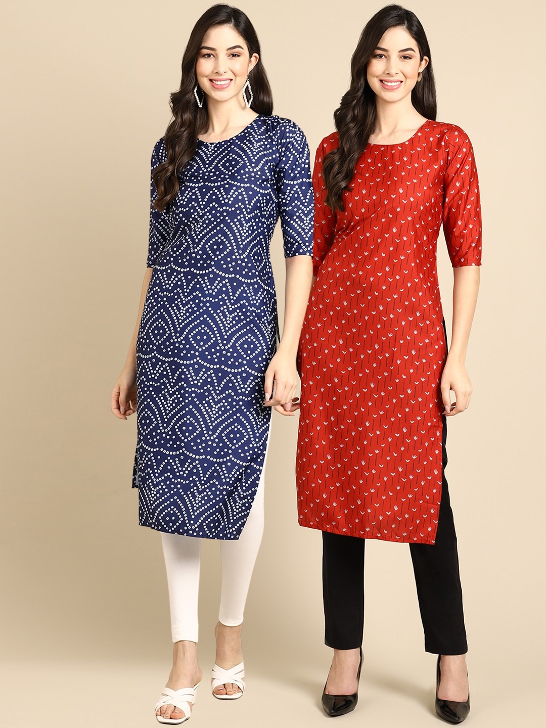 

Ethnic basket Women Pack Of 2 Navy Blue & Red Geometric Printed Crepe Kurta