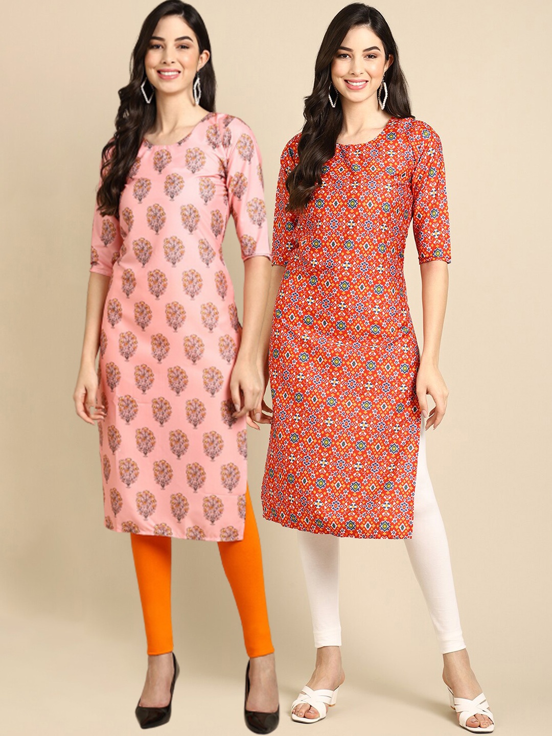

Ethnic basket Women Pack Of 2 Pink & Red Geometric Printed Crepe Kurta