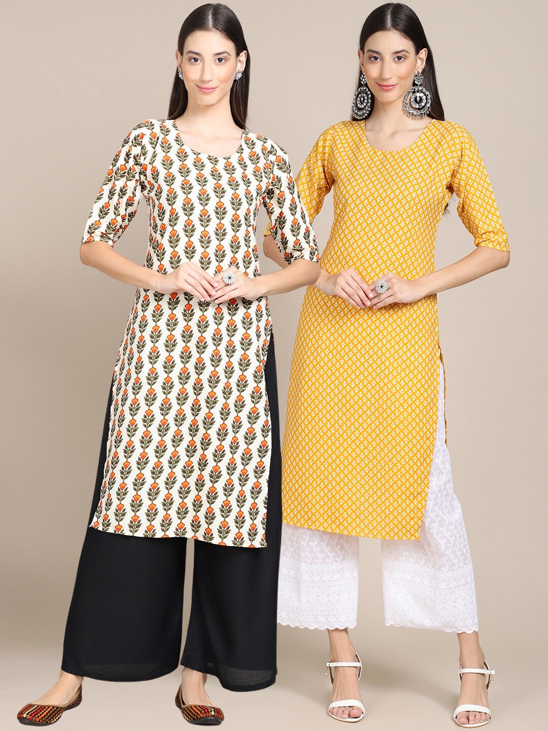

Ethnic basket Women Pack Of 2 Cream & Yellow Ethnic Motifs Printed Crepe Kurta