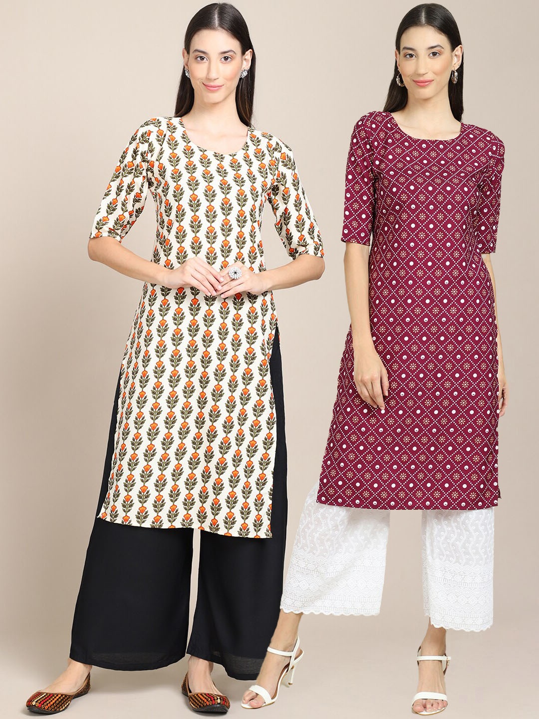 

Ethnic basket Women Pack Of 2 Cream & Maroon Ethnic Motifs Printed Crepe Kurta