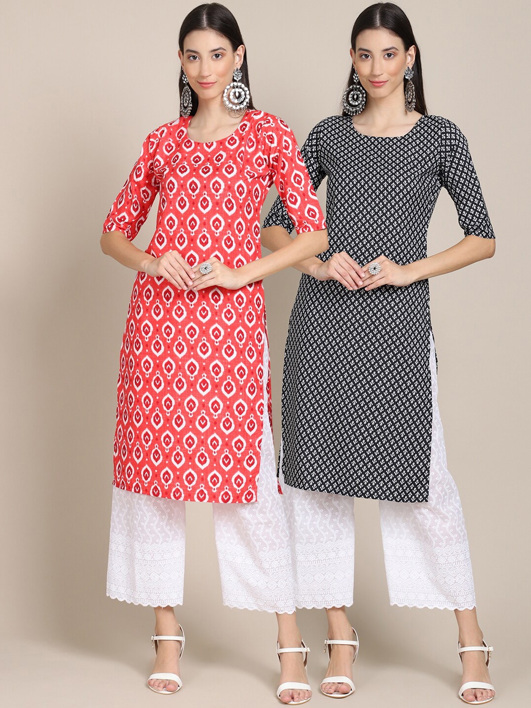 

Ethnic basket Women Pack Of 2 Coral & Black Geometric Printed Crepe Kurta
