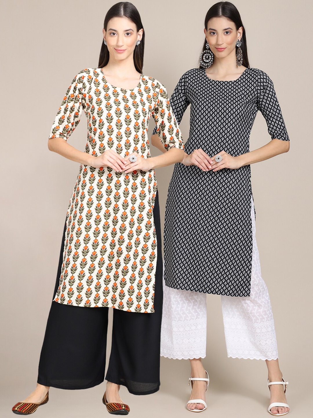 

Ethnic basket Women Pack of 2 Cream & Black Ethnic Motifs Printed Crepe Kurta