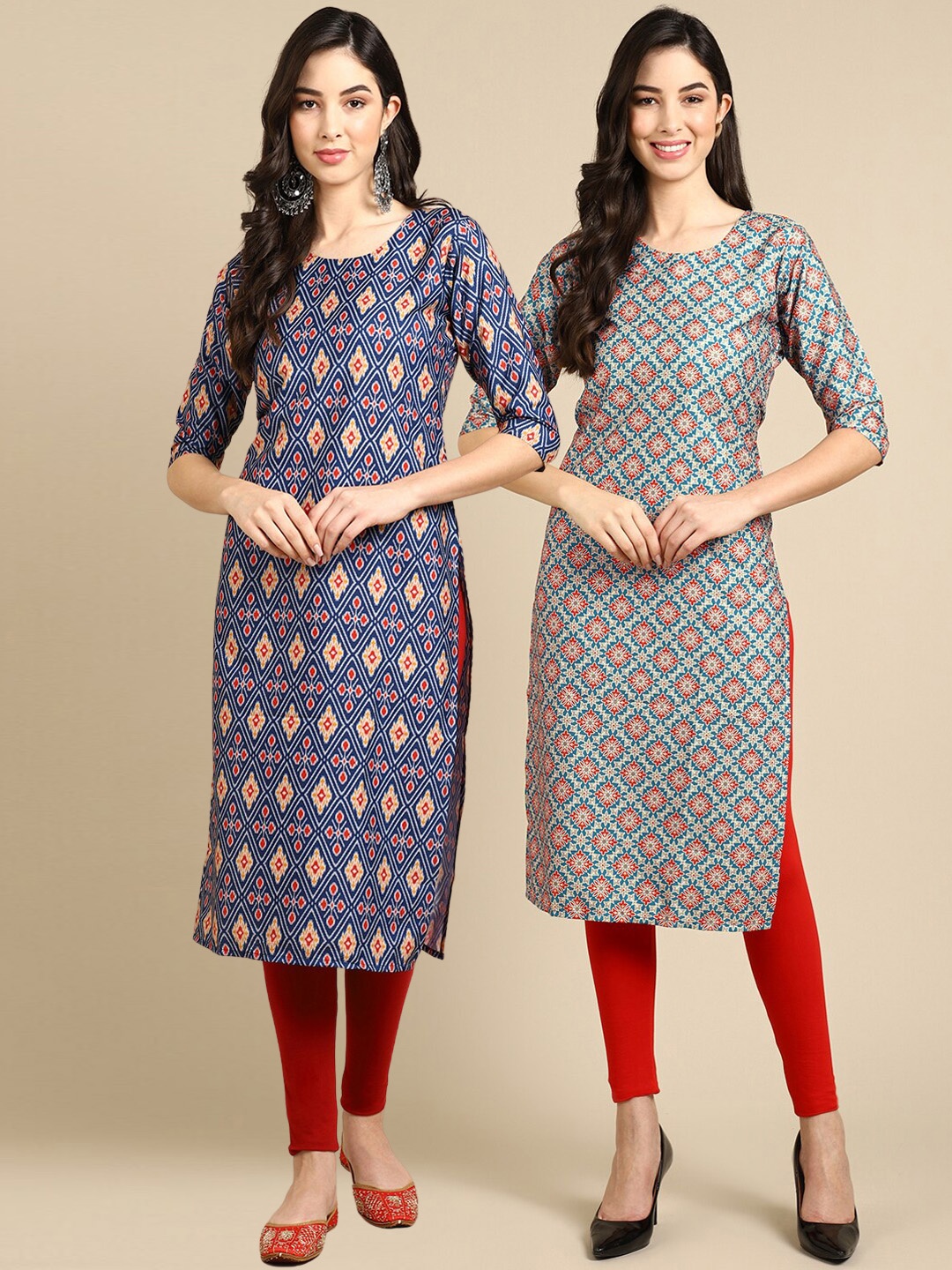 

Ethnic basket Women Pack Of 2 Blue & Teal Geometric Printed Crepe Kurta