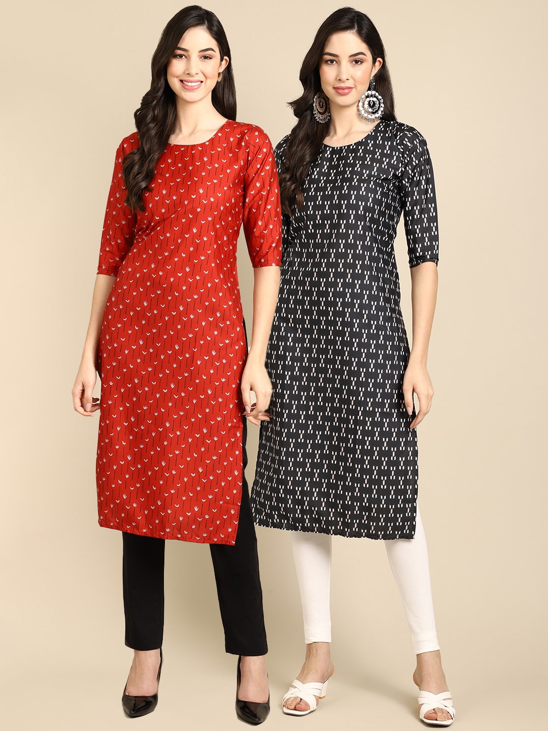 

Ethnic basket Women Pack Of 2 Red & Black Ethnic Motifs Printed Crepe Kurtas