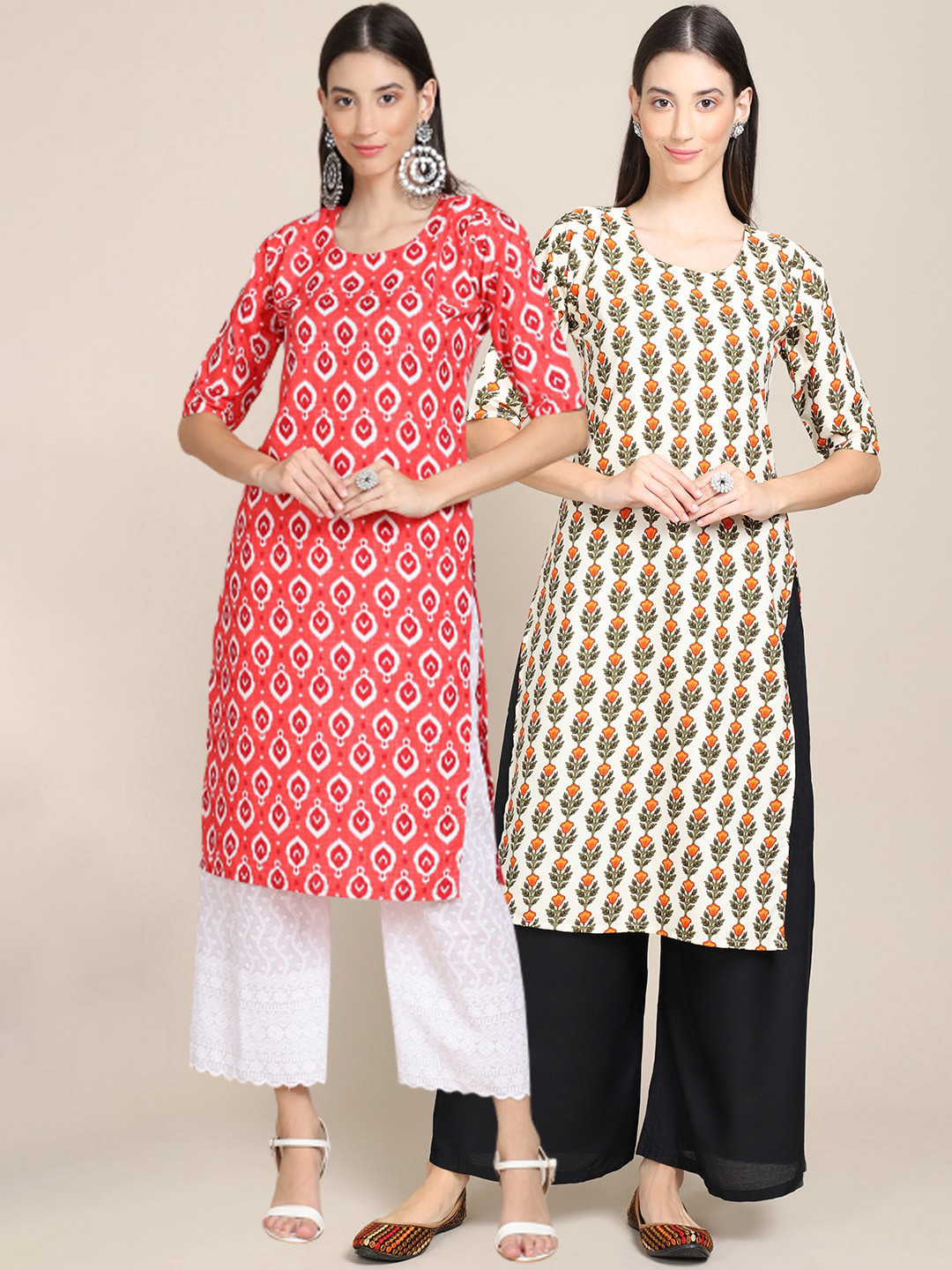 

Ethnic basket Women Pack Of 2 Red & Cream-Coloured Ethnic Motifs Printed Crepe Kurtas