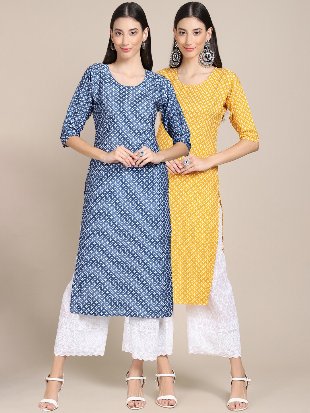 Ethnic basket Women Pack Of 2 Blue & Yellow Ethnic Motifs Printed Crepe Kurtas