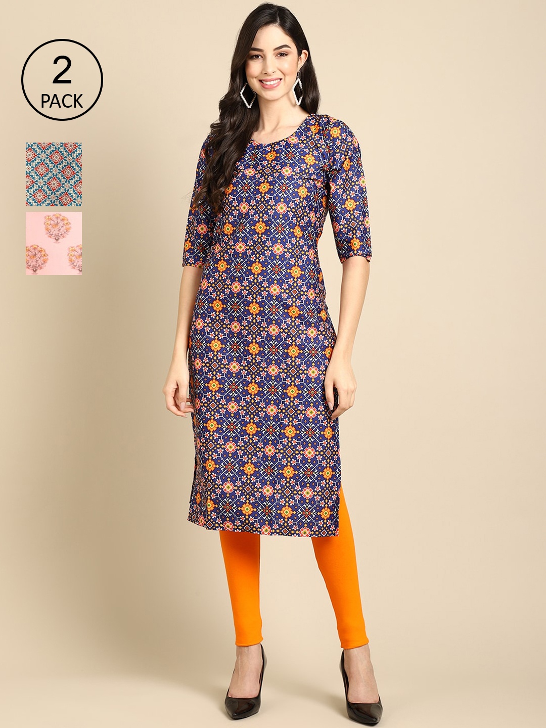 

Ethnic basket Women Pack Of 2 Orange & Pink Ethnic Motifs Printed Crepe Kurtas