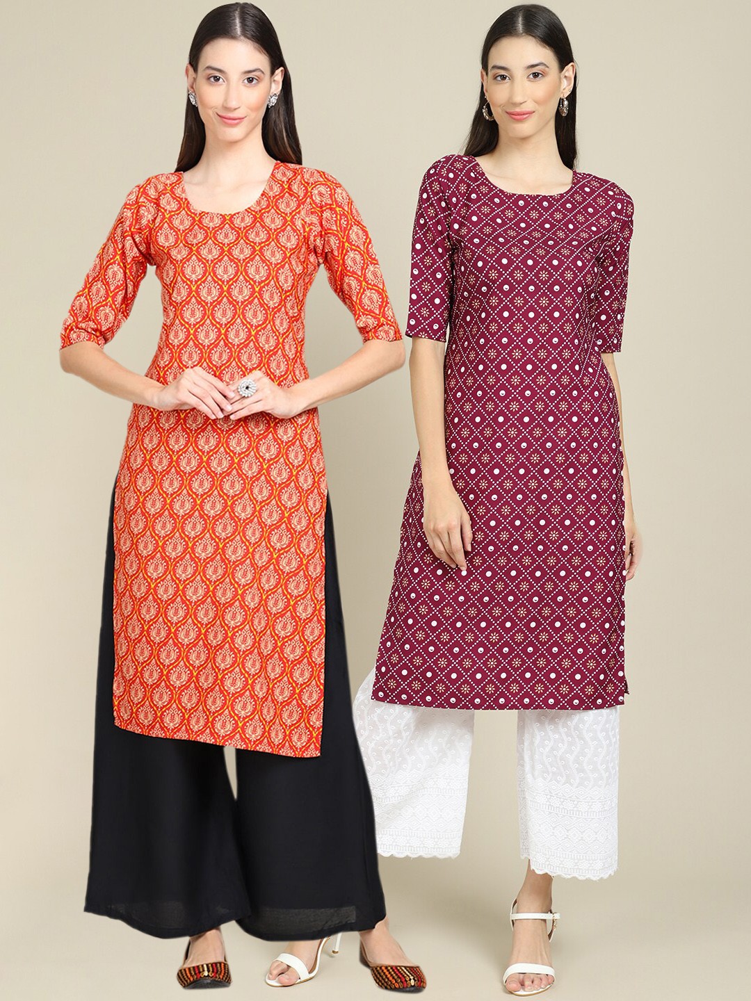 

Ethnic basket Women Pack Of 2 Orange & Maroon Ethnic Motifs Printed Crepe Kurtas