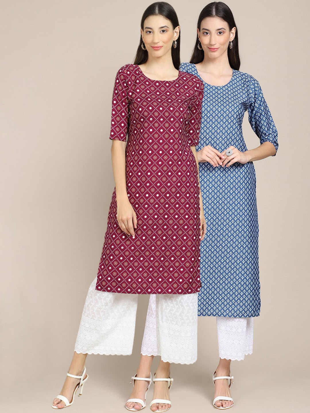

Ethnic basket Women Pack of 2 Maroon & Blue Geometric Printed Crepe Kurtas