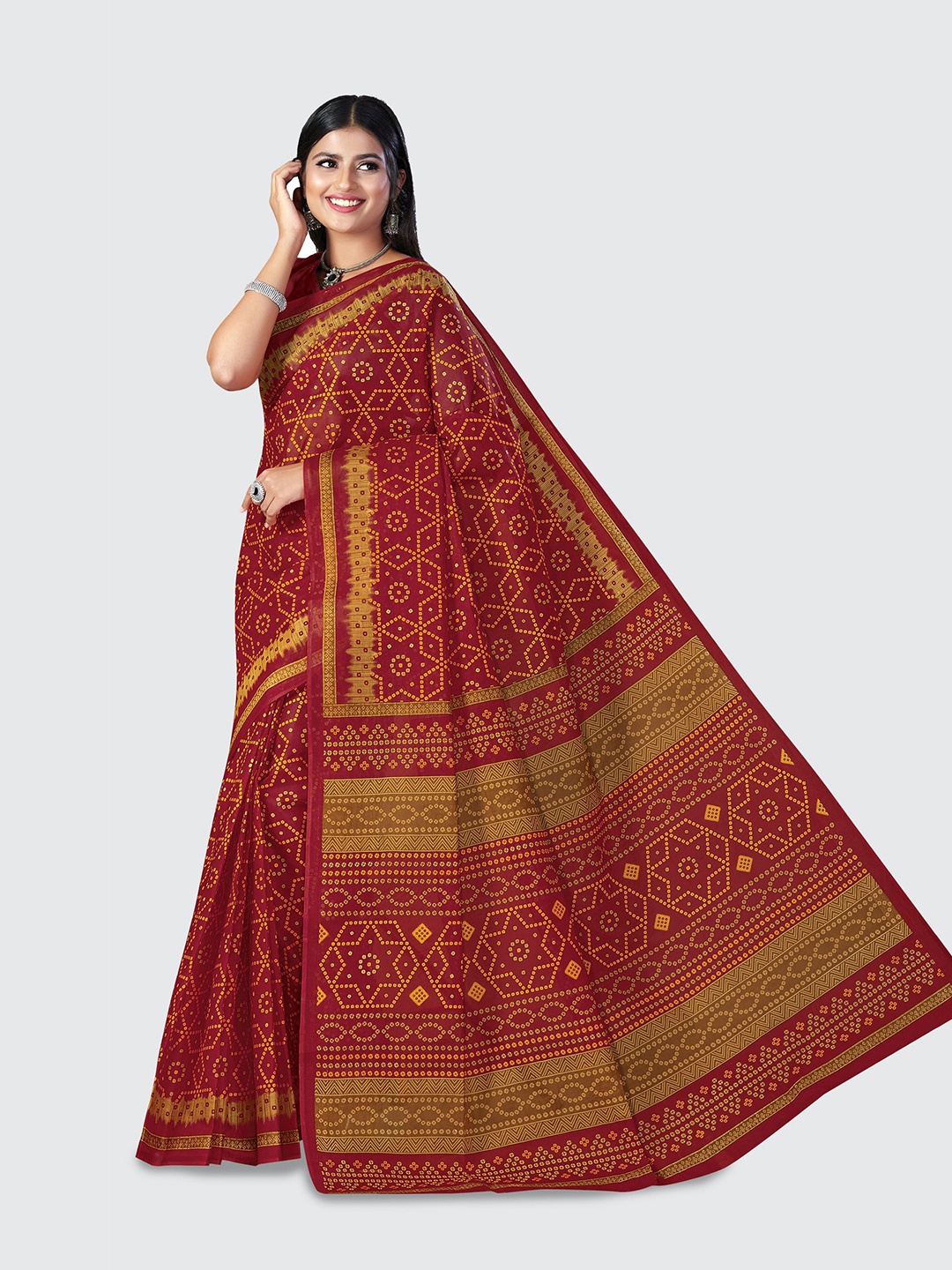 

SHANVIKA Red & Gold-Toned Bandhani Pure Cotton Block Print Saree