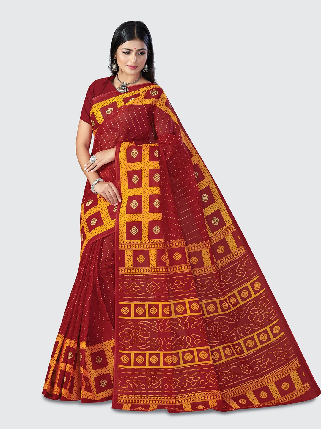 

SHANVIKA Red & Yellow Pure Cotton Block Print Saree