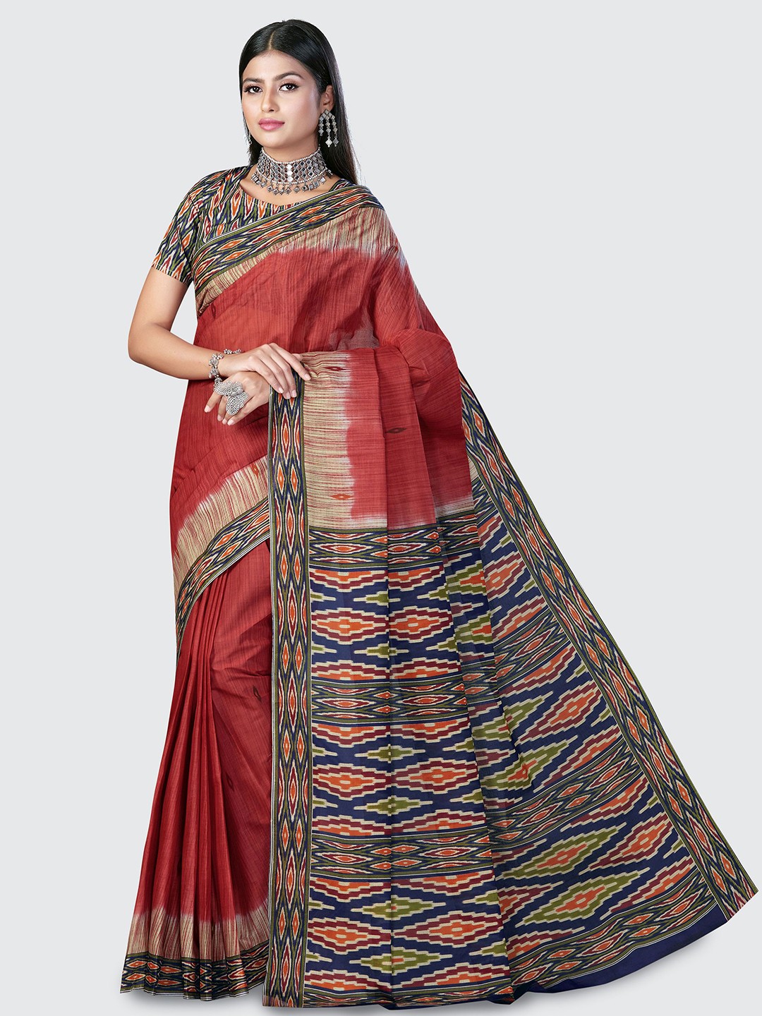 

SHANVIKA Red & Blue Pure Cotton Block Print Saree