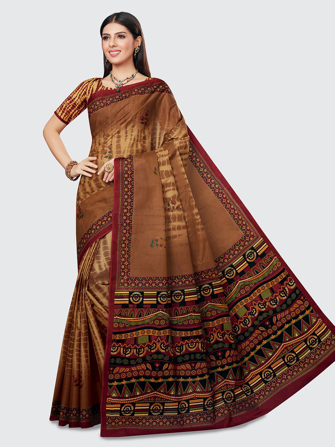 

SHANVIKA Brown & Maroon Floral Pure Cotton Block Print Saree